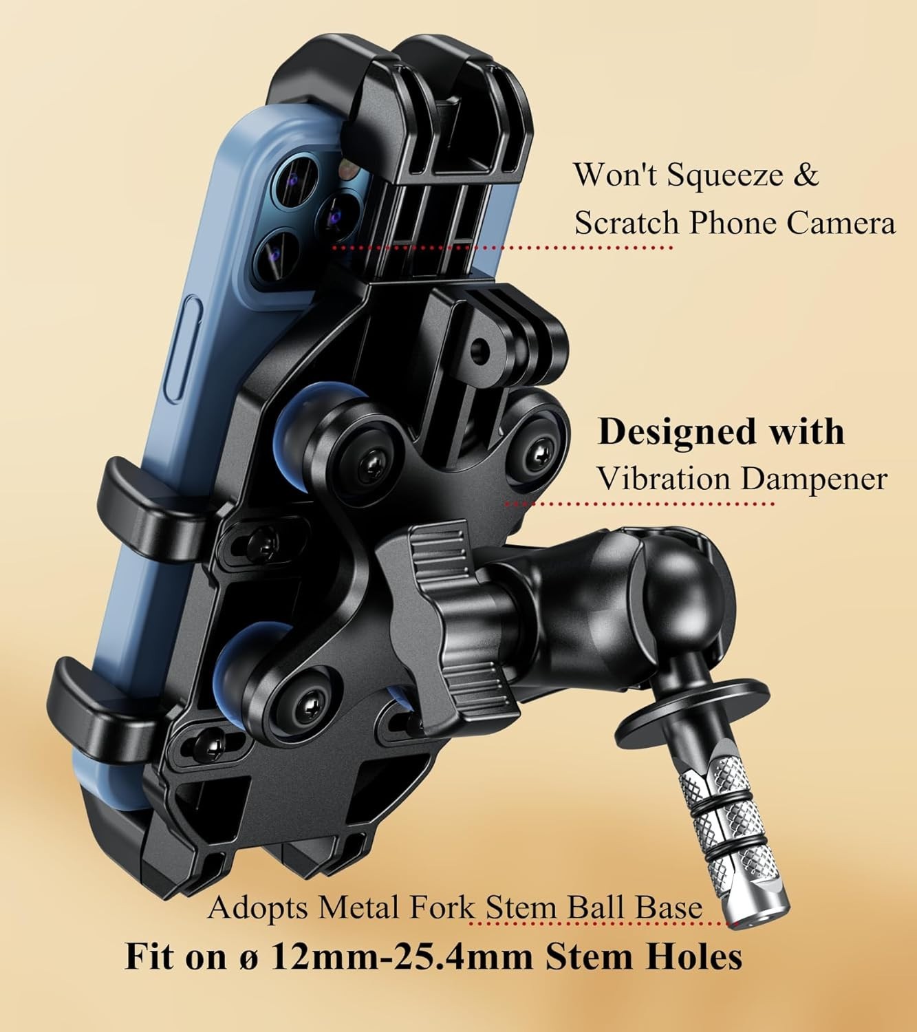 Motorcycle Fork Stem Phone Mount Holder with Vibration Dampener, Heavy Duty Cell
