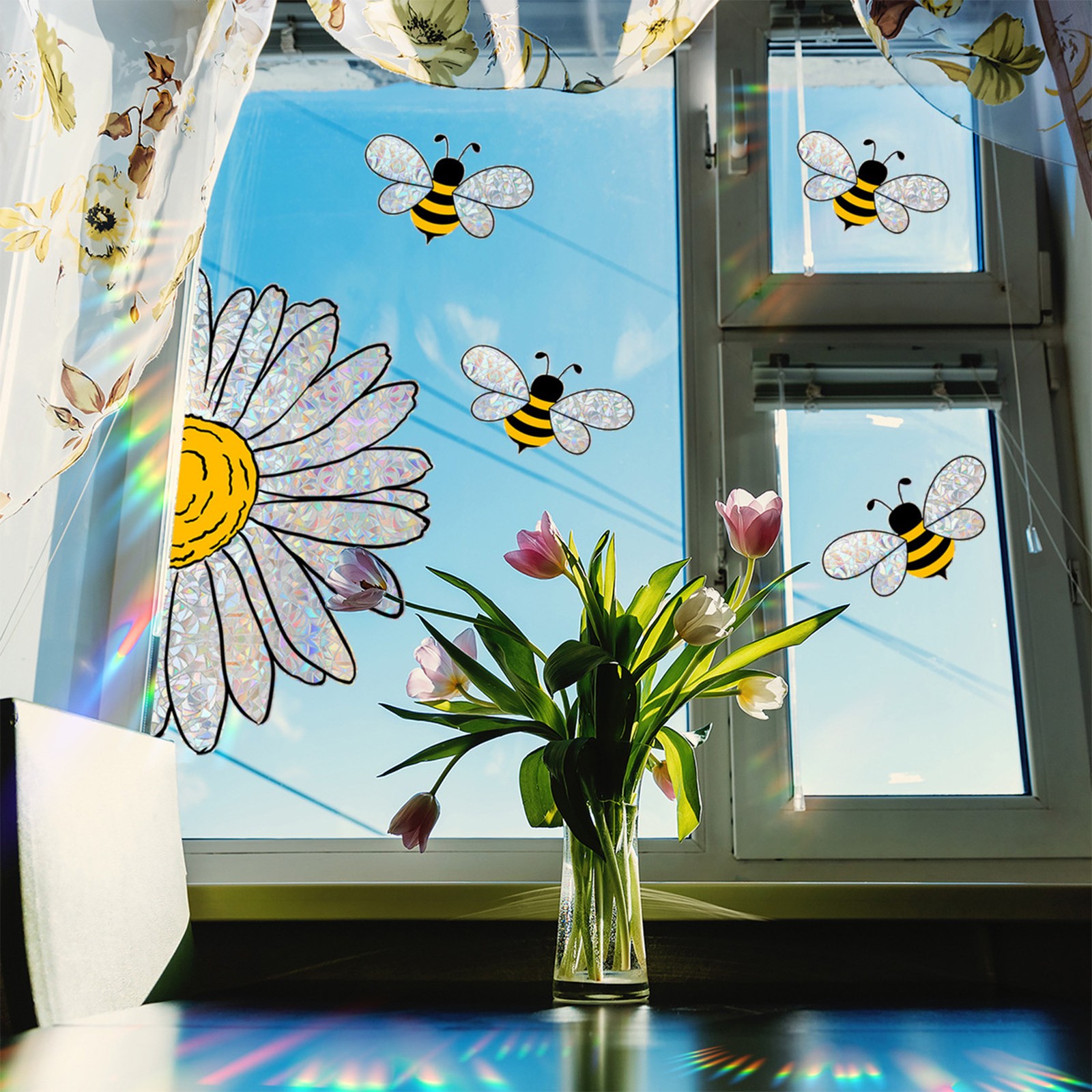 Bee Sunflower Window Clings Stickers, Double-Side Suncatcher Static Decals