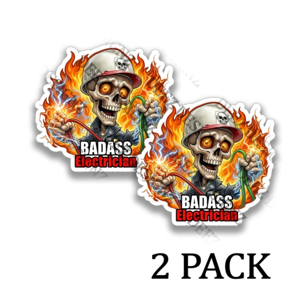 Badass Electrician Skull Sticker Skeleton Vinyl Decal for Truck 2 PACK