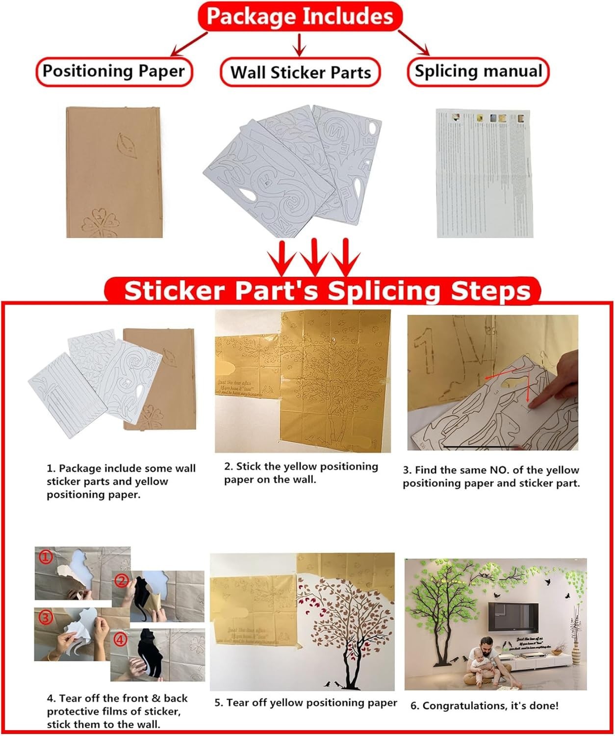Elegant 3D Tree Wall Art – DIY Acrylic Family Tree Decal 98″x51″ Waterproof