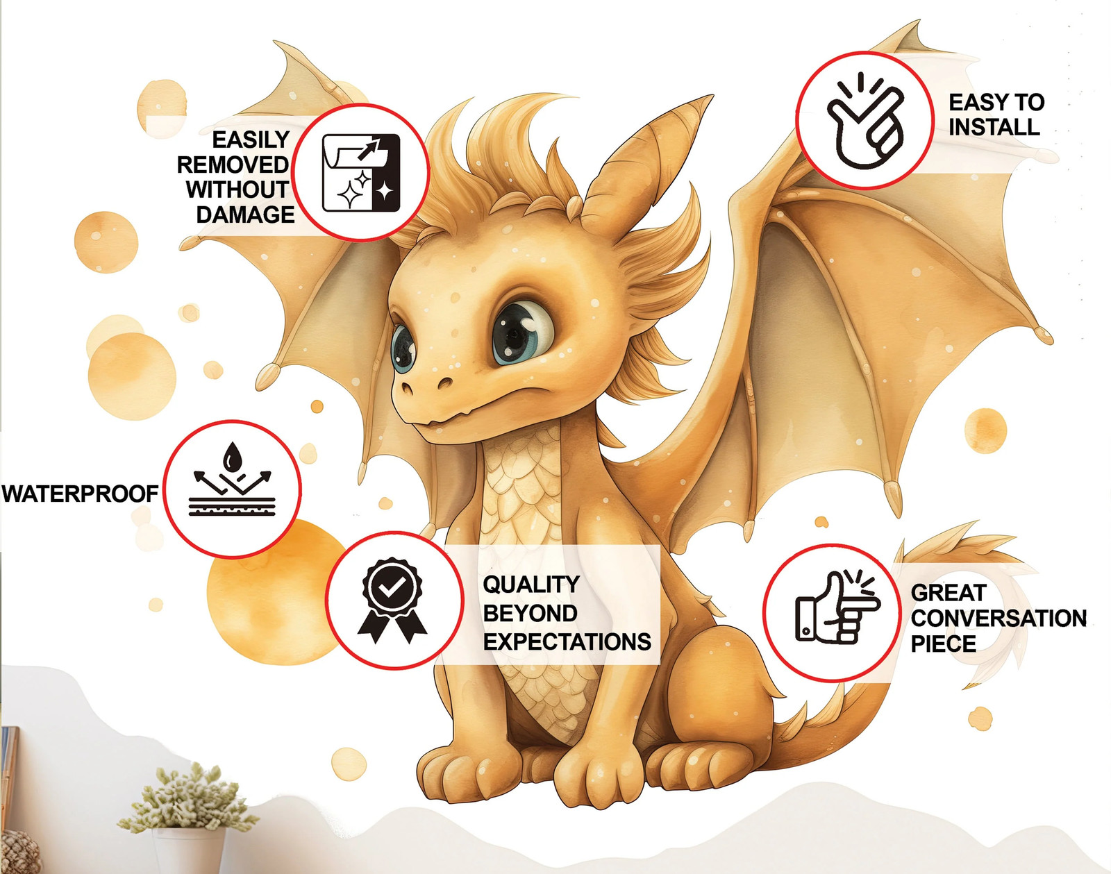 Enchanted Gold Dragon Wall Decal – Whimsical Baby Dragon Sticker Mural –