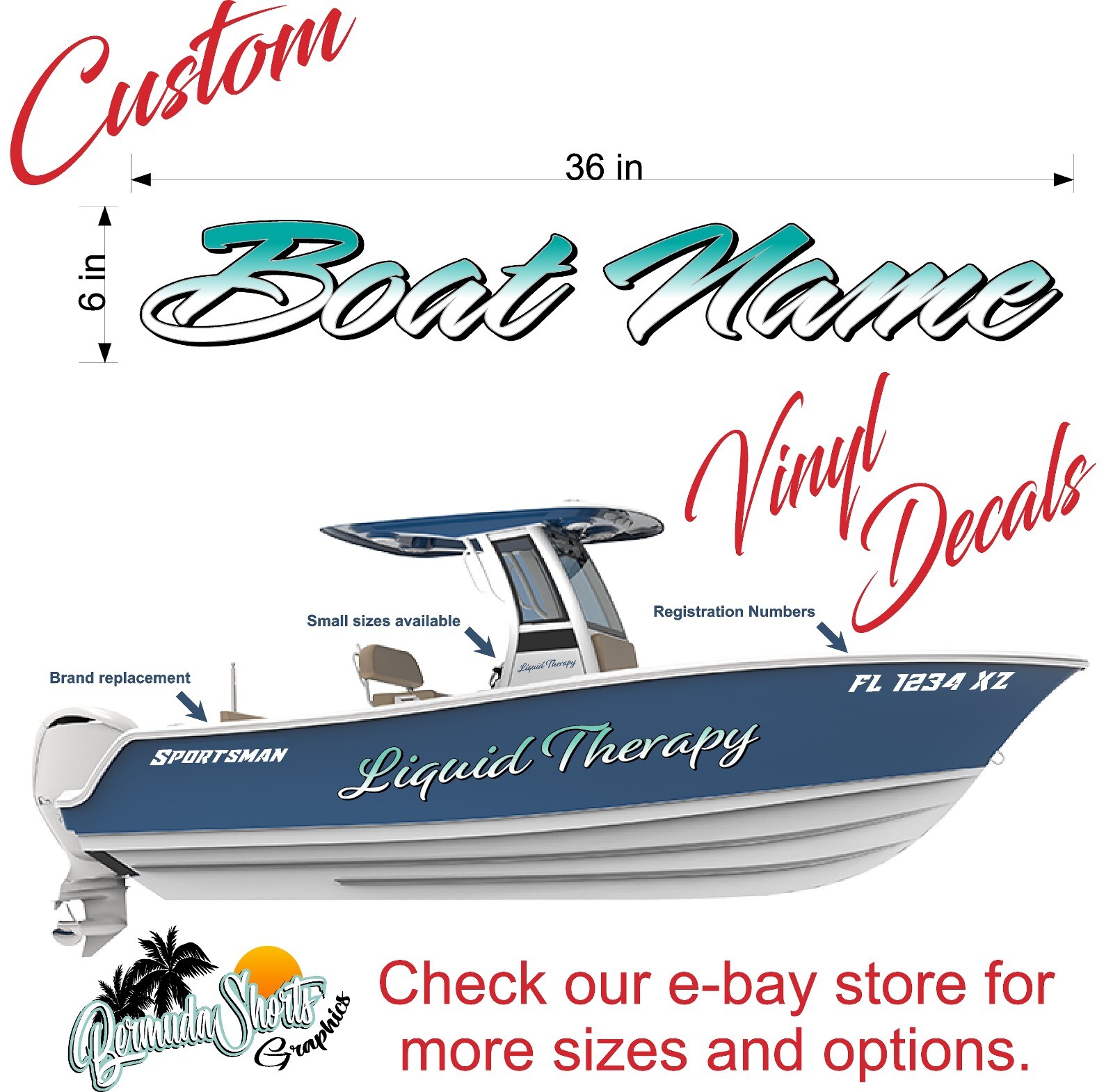 Boat Name Decal 6×36″ / Custom Hull Graphic / Premium Marine Vinyl Lettering GR