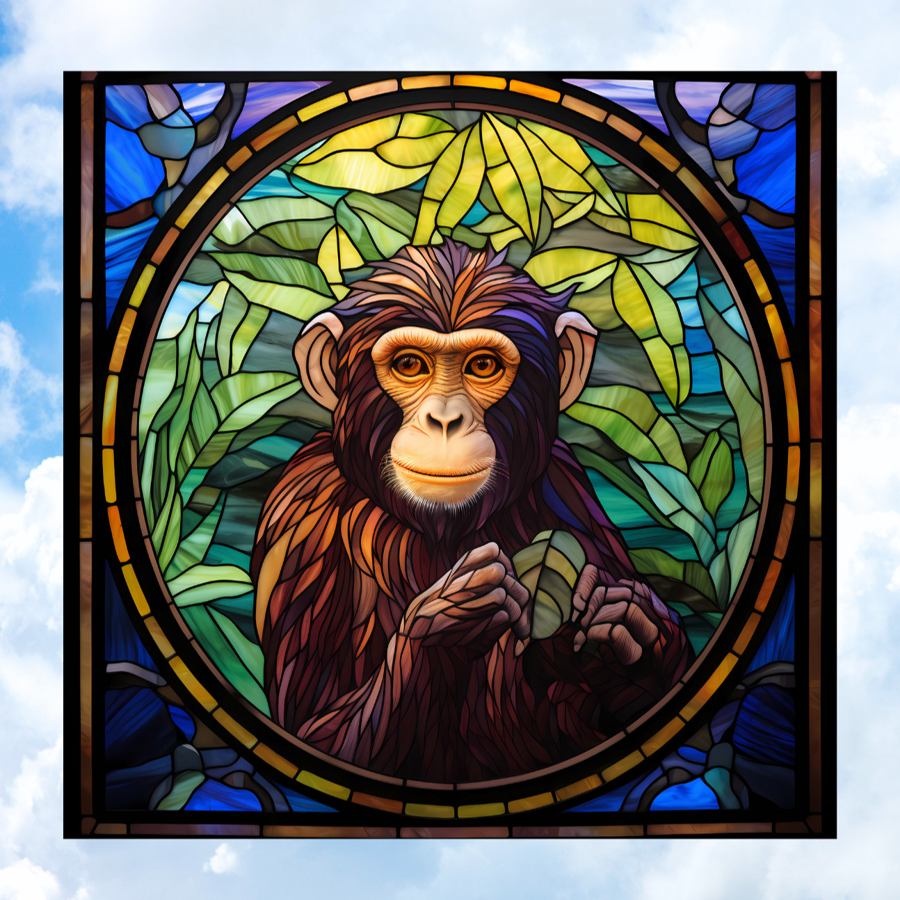 Monkey Faux Stained-Glass WINDOW CLING Size 8″ Square Vinyl