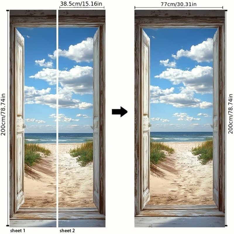 Beach Door Mural Rustic Ocean View Door Sticker Seaside Path Home Decoration New