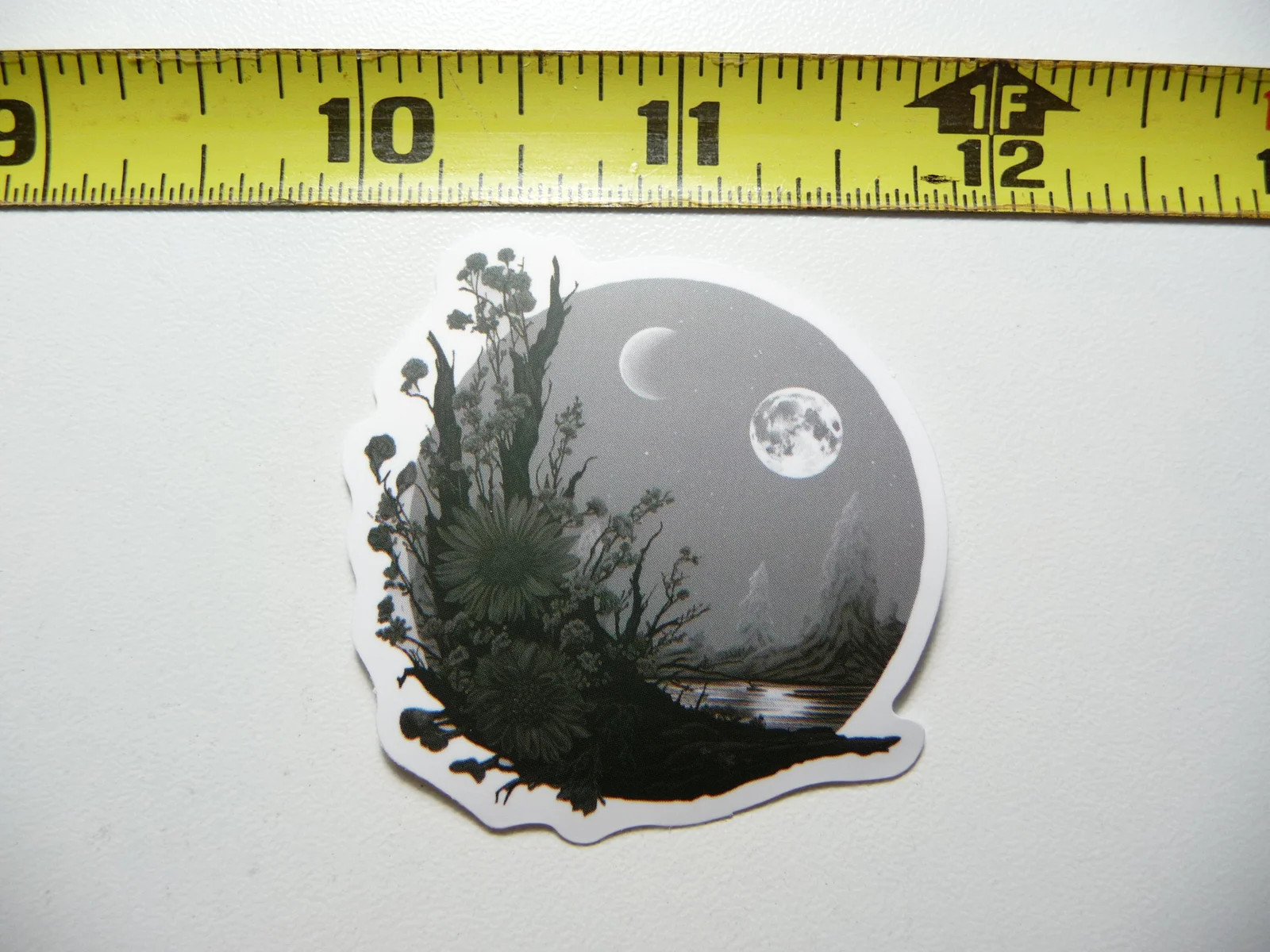 MYSTICAL NIGHT SCENE MOON PLANET LAKE FLOWERS SMALL STICKER DECAL NATURE