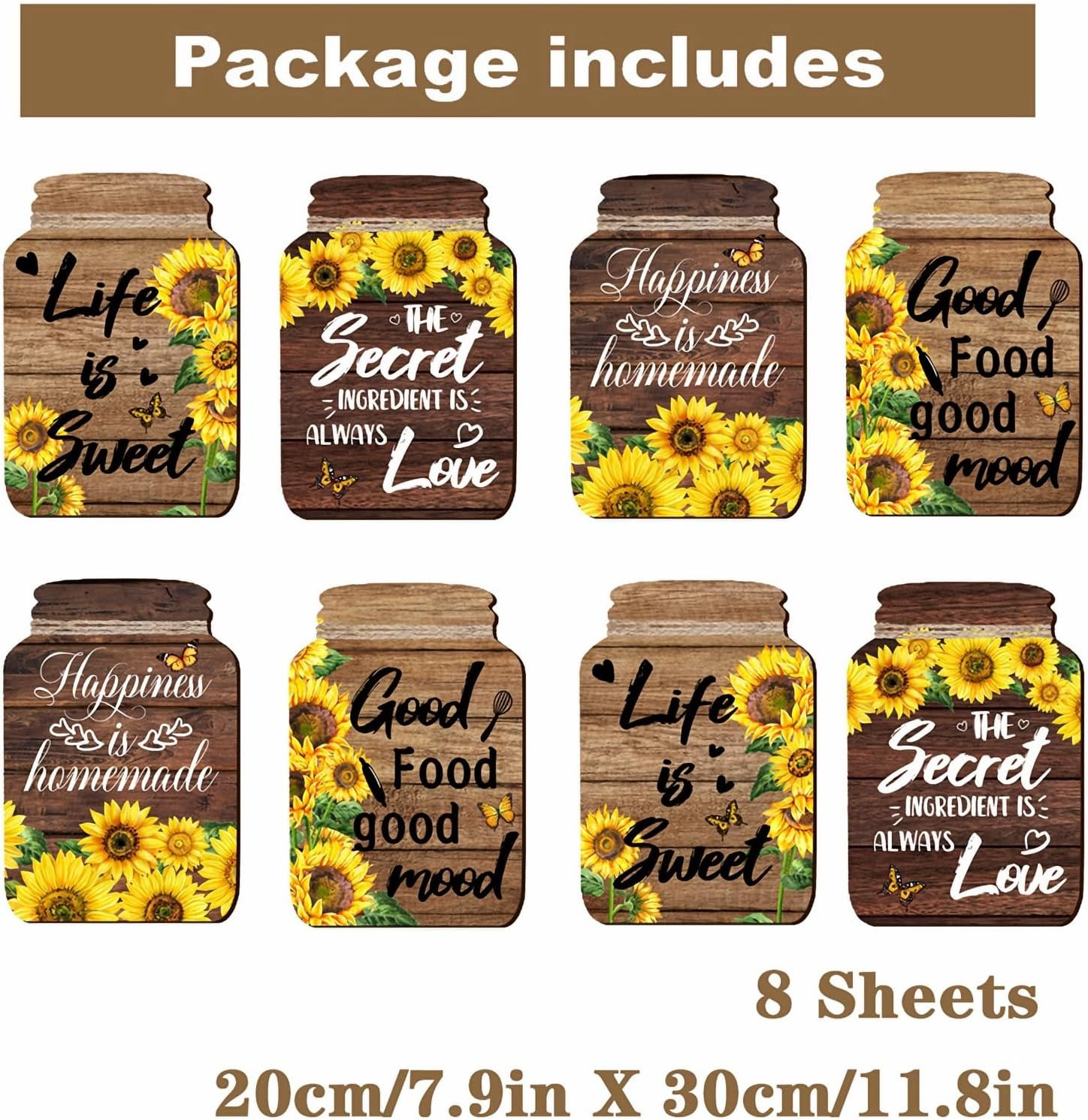 8 Sheets Sunflower Spice Jar Kitchen Wall Stickers, Kitchen Quotes Utensils DIY