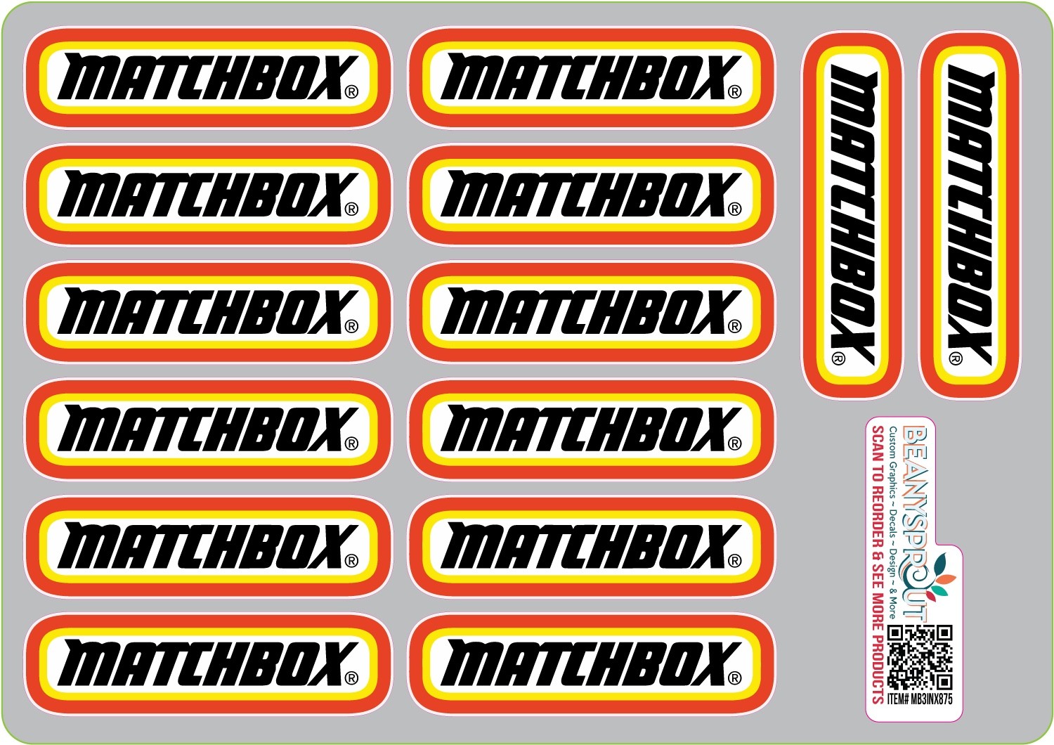 Matchbox logos 3″ long sheet of 14 decal stickers