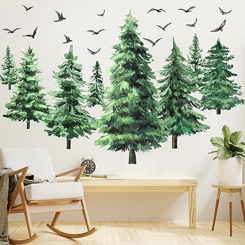 Watercolor Pine Tree Wall Decals Large Tree Wall Sticker Peel and Classic Style