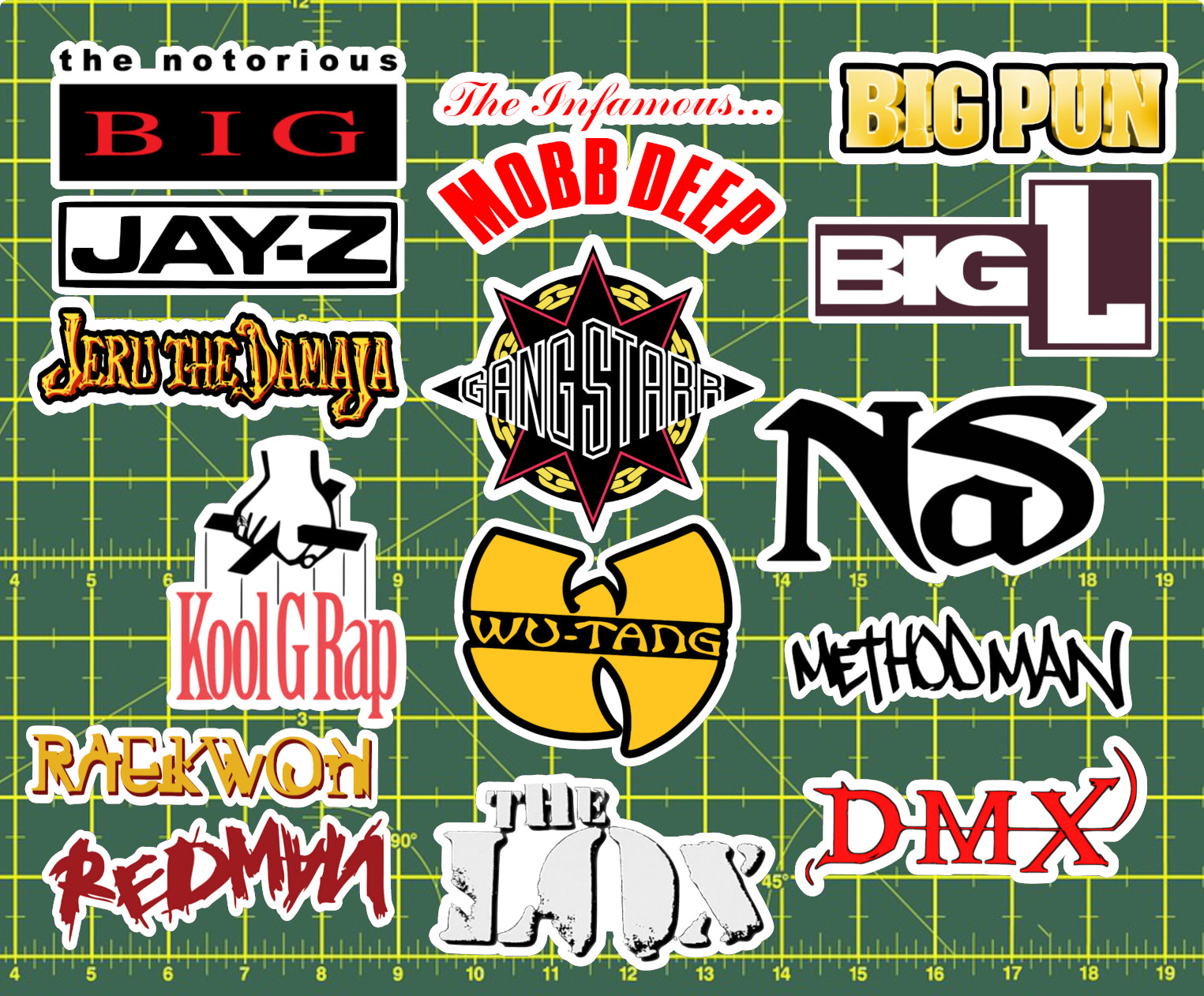 15 90’s Rap Logo Sticker Pack – Clear, Holographic, or White- Jay-Z Nas Hip-Hop