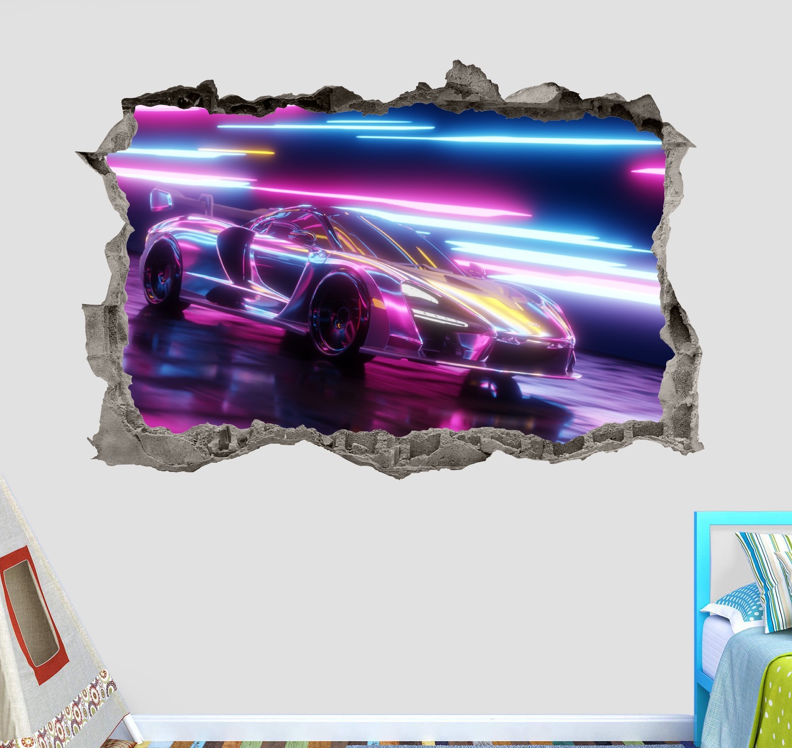 3D Neon Sports Car Wall Decal – Broken Wall Effect Vinyl Sticker Gamer Room M-89