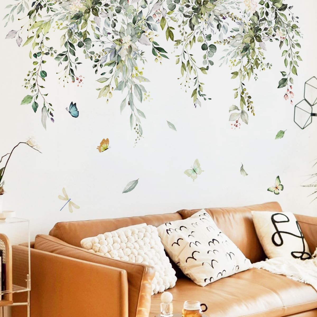 Green Leaf Wall Decals Hanging Vine Stickers Flower Butterfly Wall Art Decor