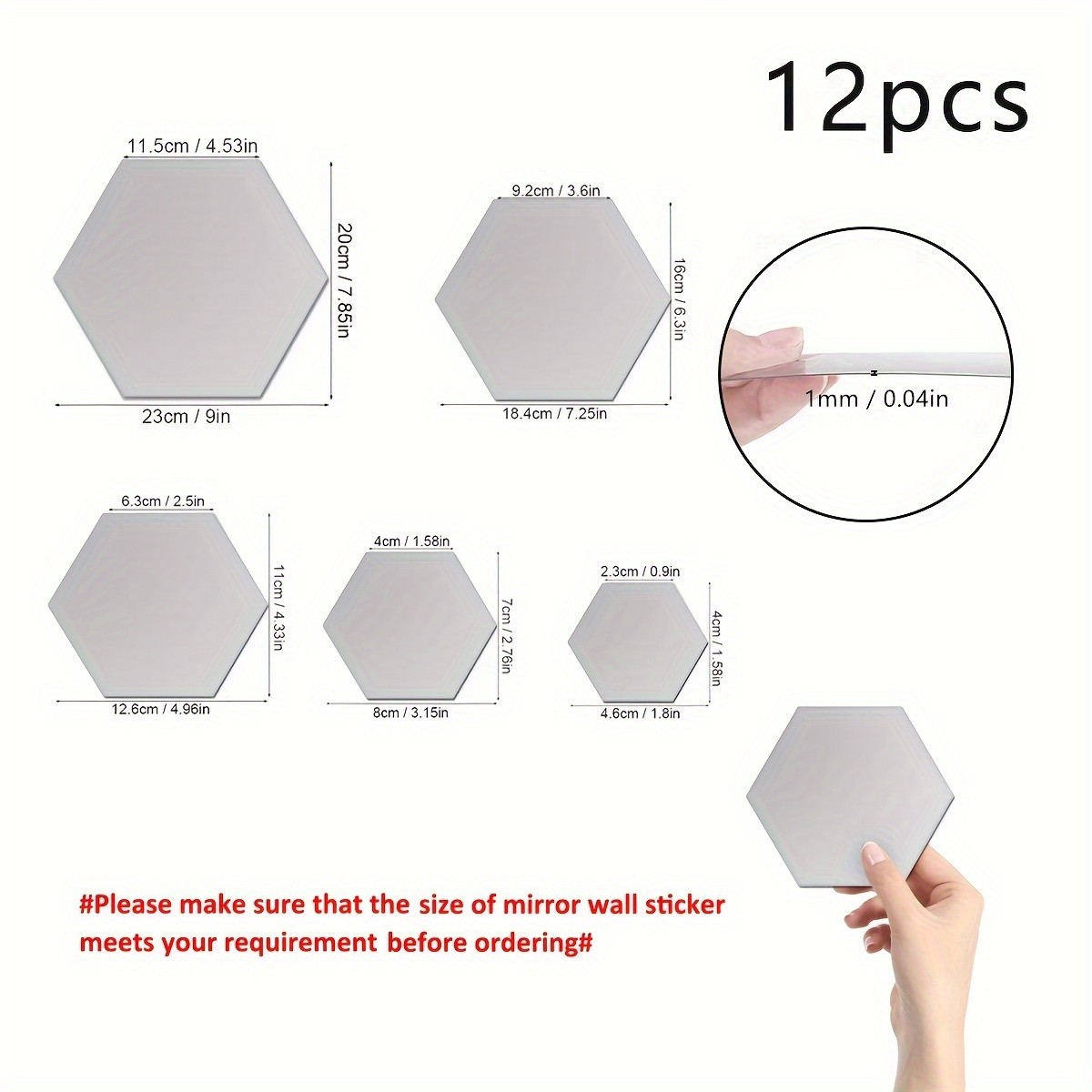 12Pcs Self Adhesive Hexagonal Gold Acrylic Mirror Wall Tiles for Home Room Decor