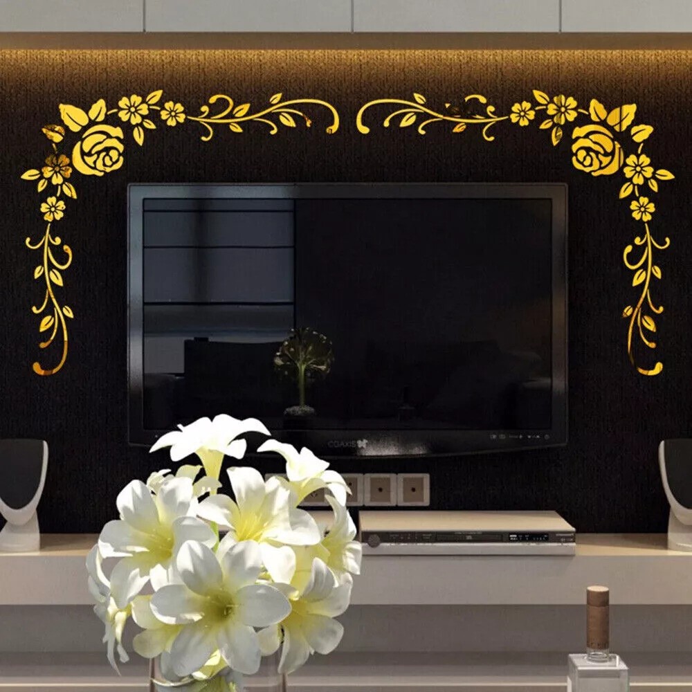 2pcs 3D Acrylic Mirror Flower Wall Stickers Mural Decal Removable Home Art Decor