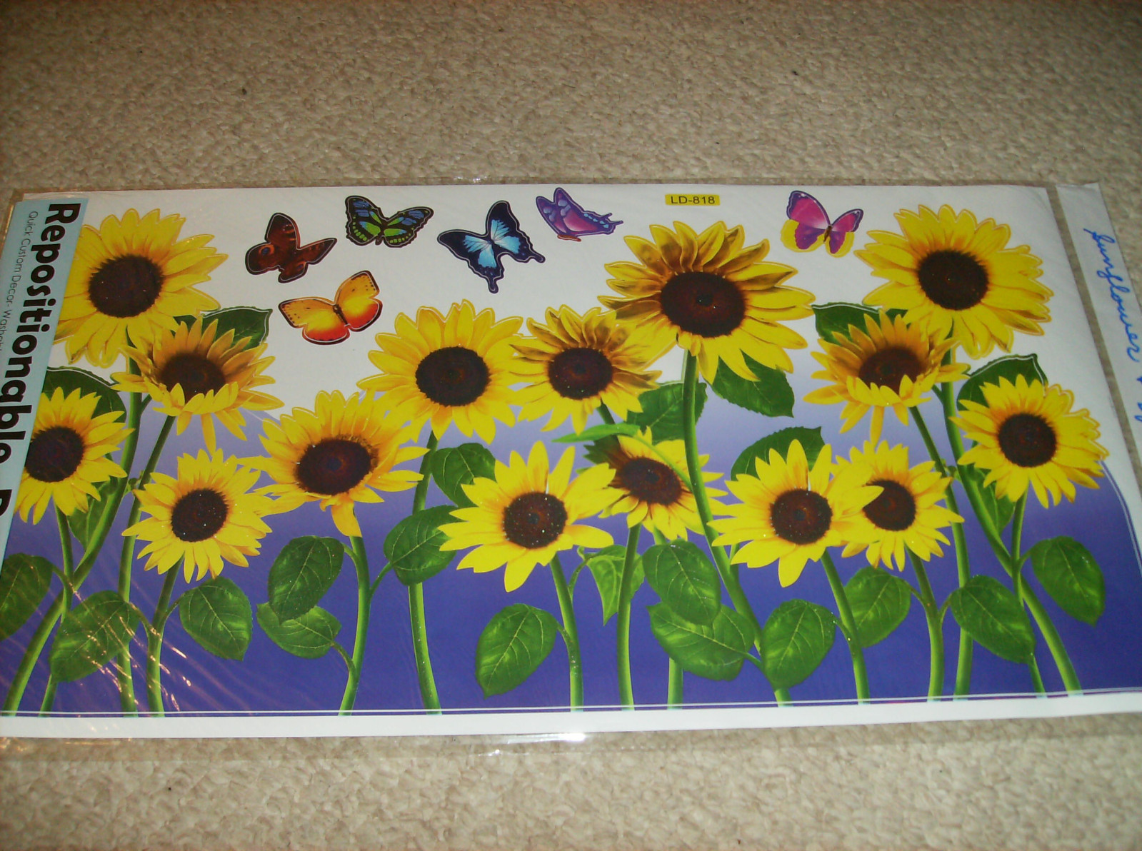 SUNFLOWER & BUTTERFLY WALL DECAL REMOVABLE 24″ WASH NEW in pkg SEE PICS