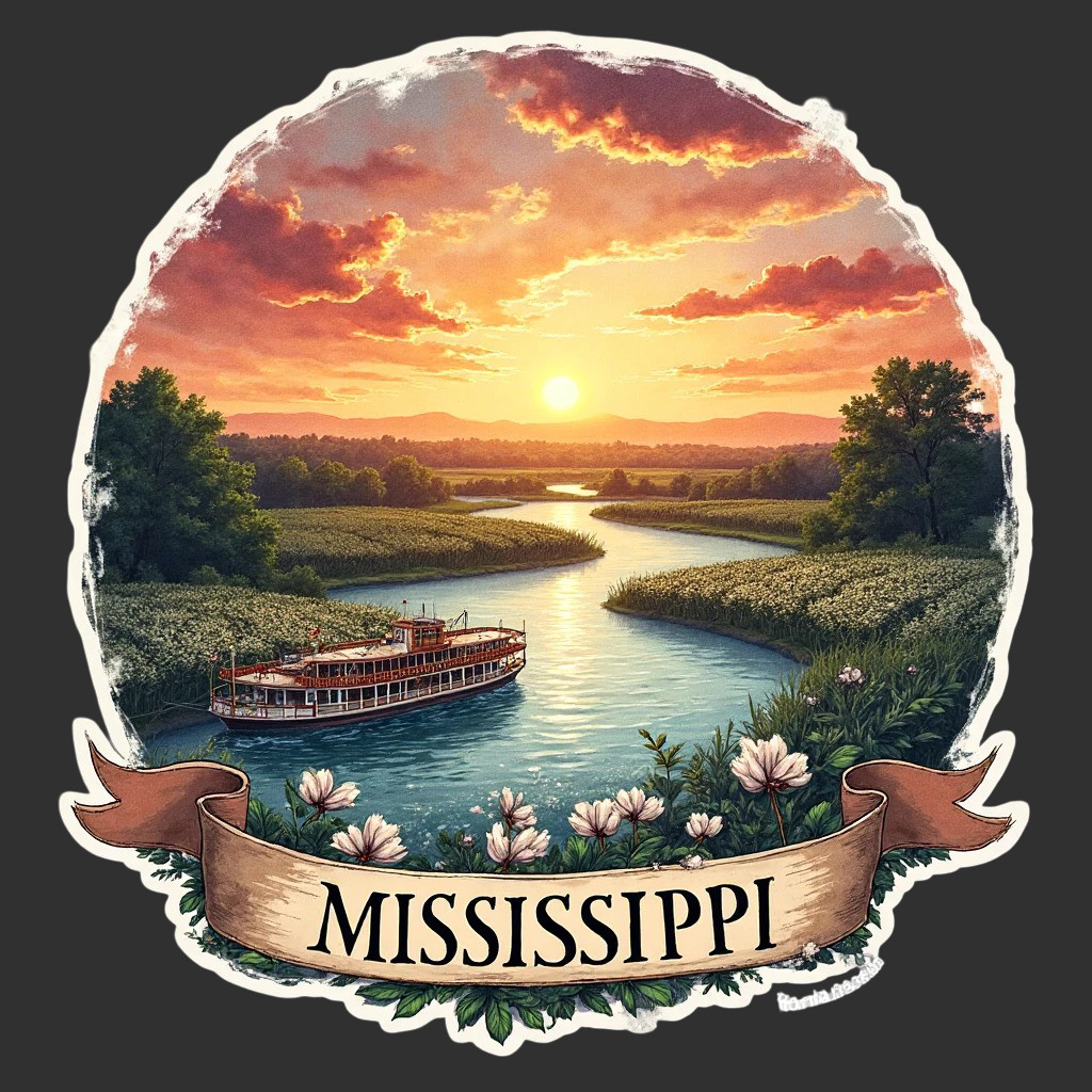 Mississippi Sticker Vinyl Decal Riverboat Sunset Scenic Southern Travel