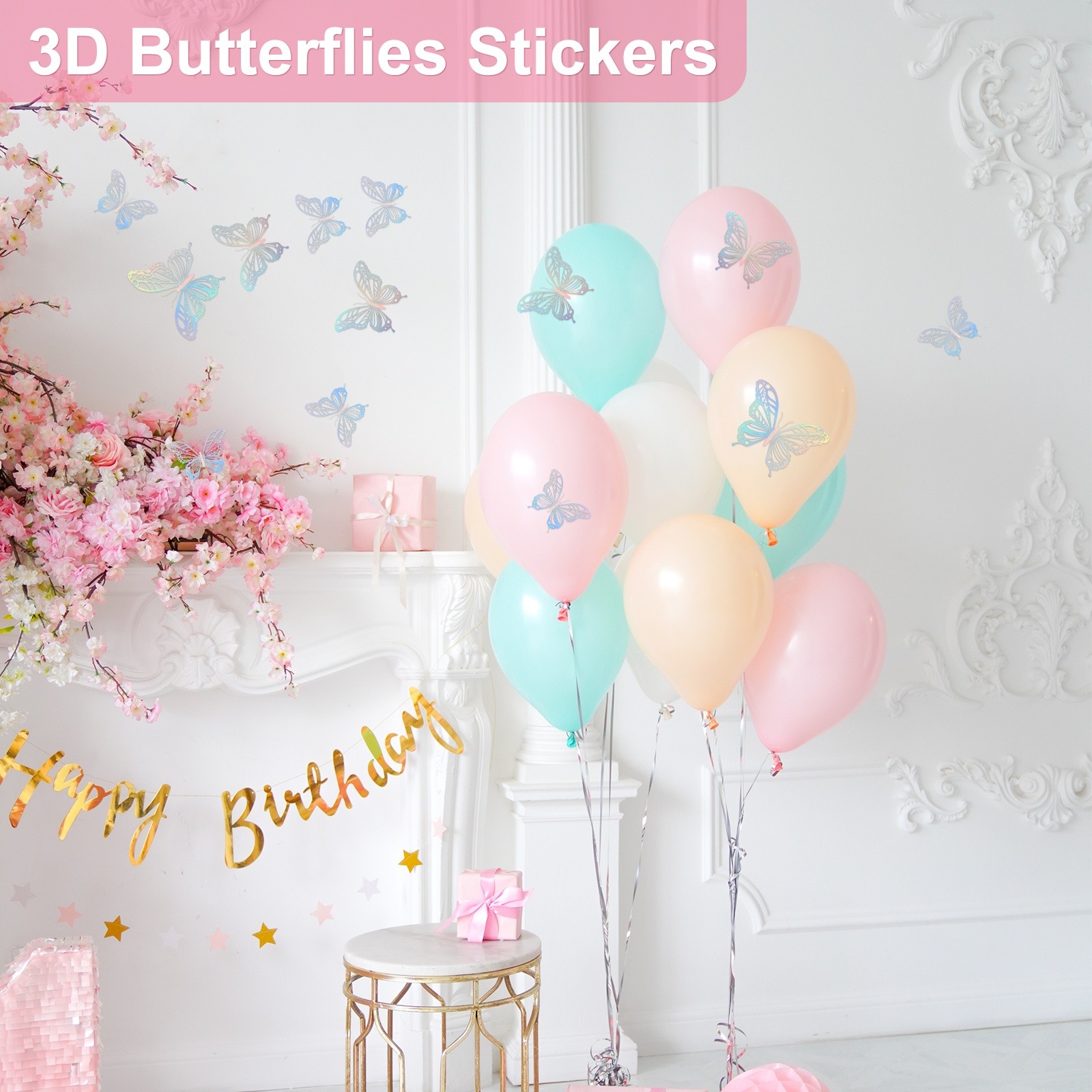 24 Pack 3D Butterflies Wall Stickers [Iridescent Laser, 3 Sizes]