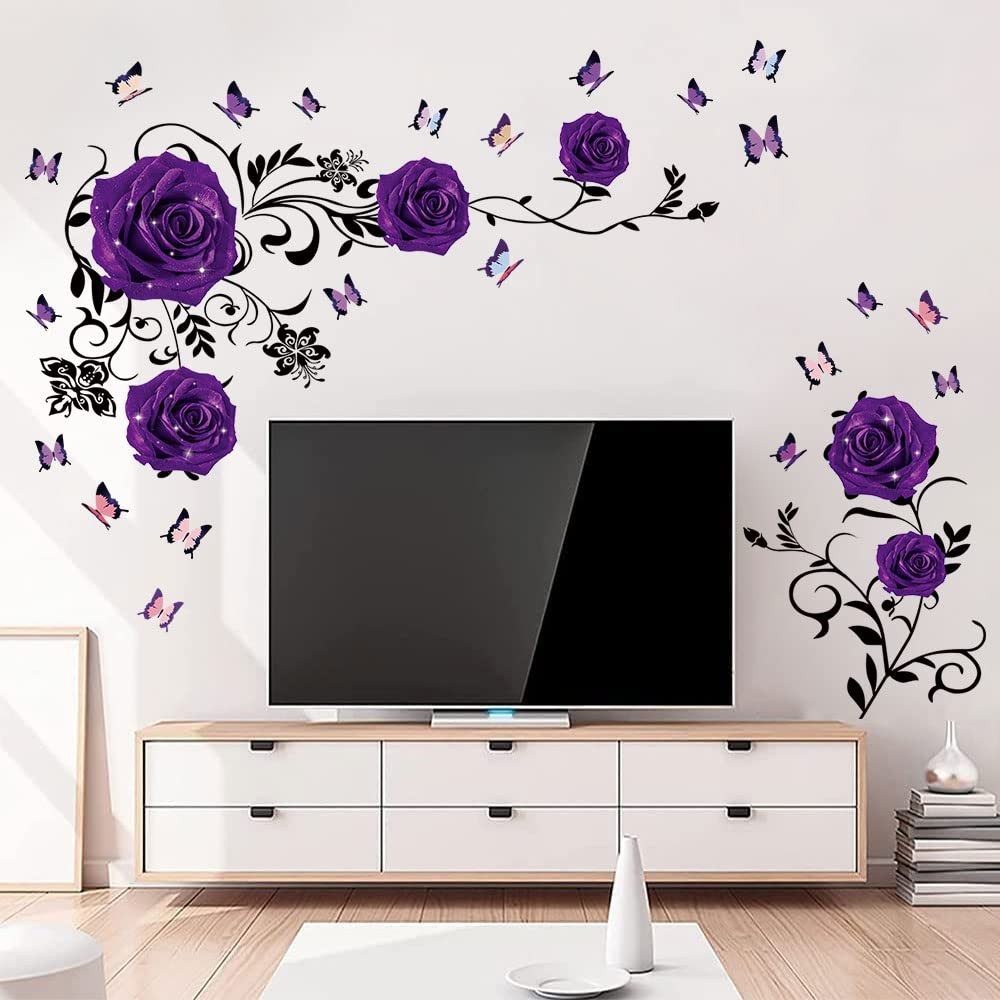 Purple Rose Wall Stickers Rose Flower Vine Wall Decal Purple Peony Floral Wal…