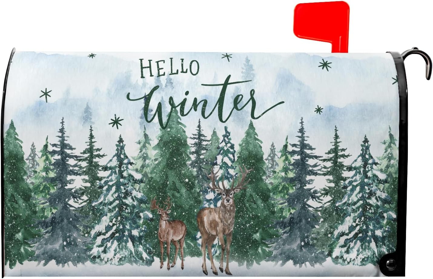Hello Winter Welcome Pine Trees Mailbox 21×18 Inch, Snow Green Forest