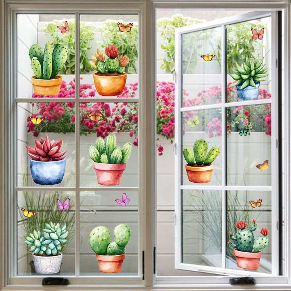 Double Sided PVC Window Sticker with Plant Flower Design for Interior Glass