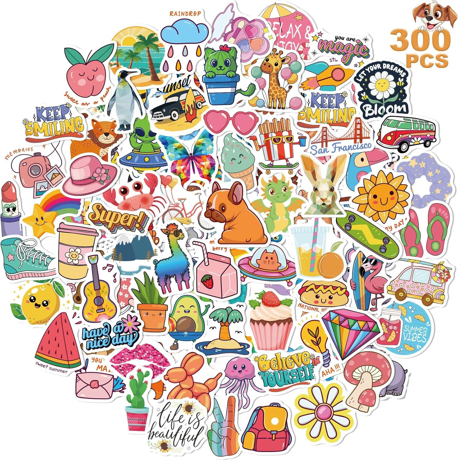 300 PCS Cute Stickers for Kids,Water Bottle Sticker Pack for Teens Girls Boys,Ka