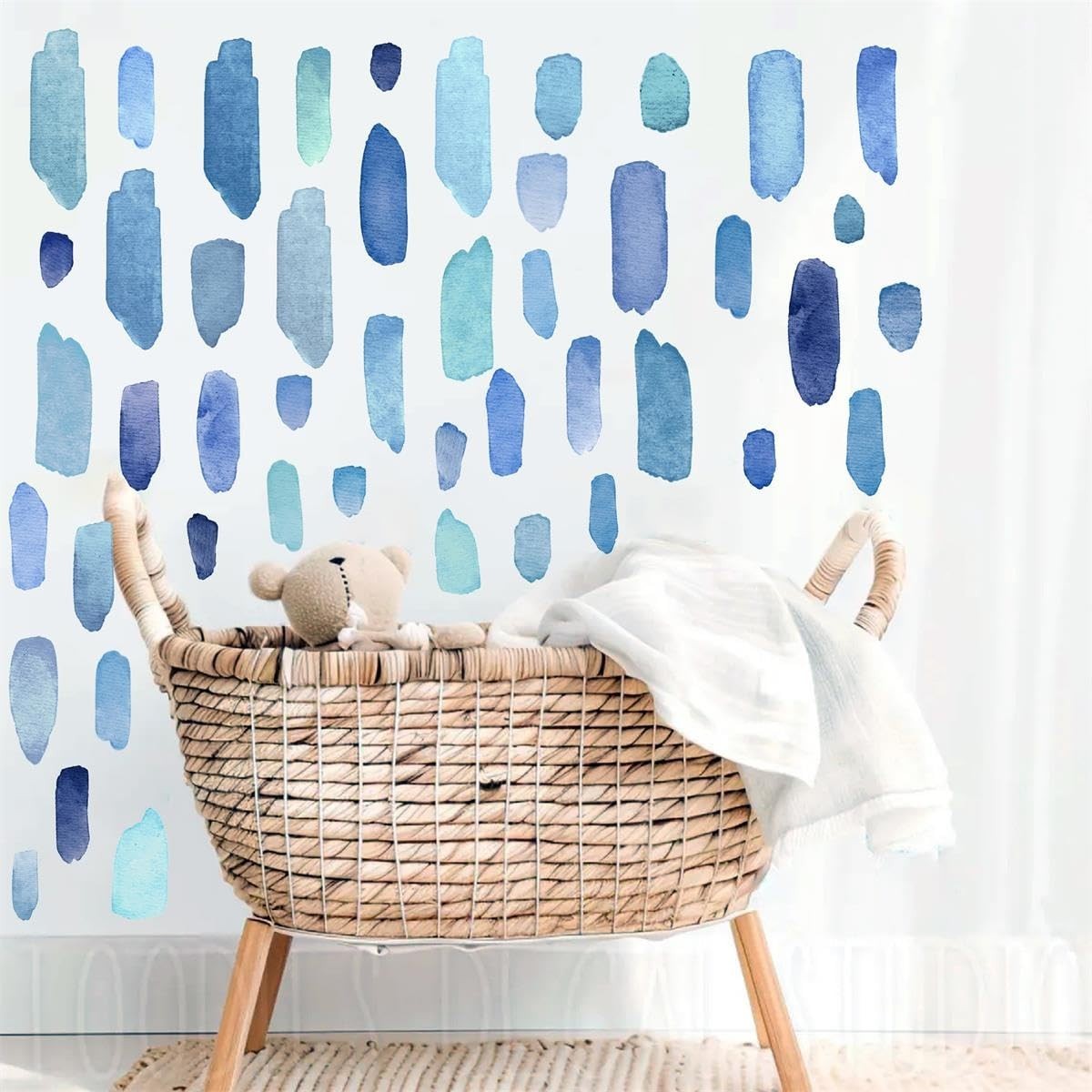 Boho Watercolor Wall Stickers – Removable Blue Stripes Decals for Kids’ Room, Nu