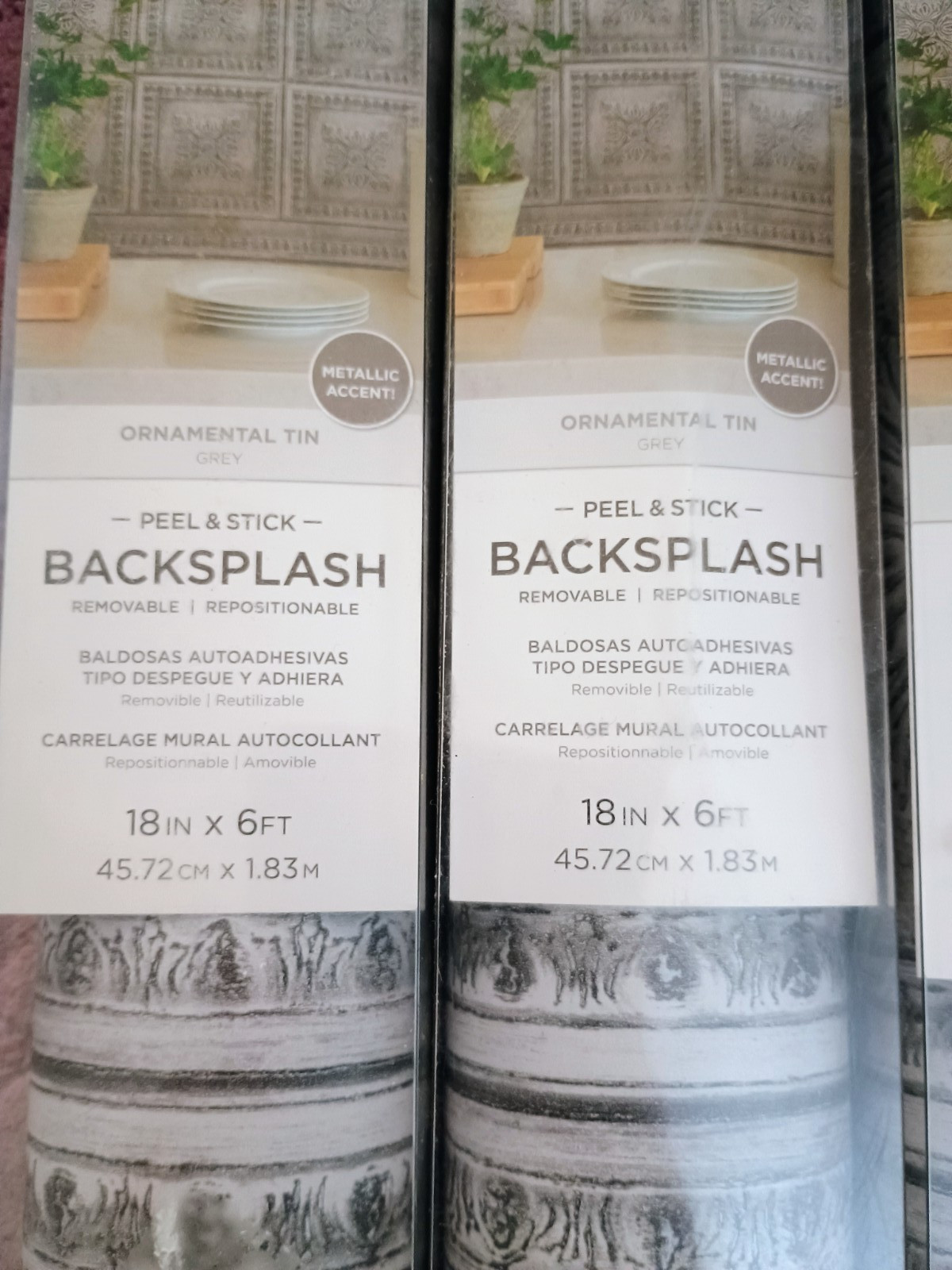 RoomMates Peel & Stick Backsplash Rolls Ornamental Tin Grey 18″x6′