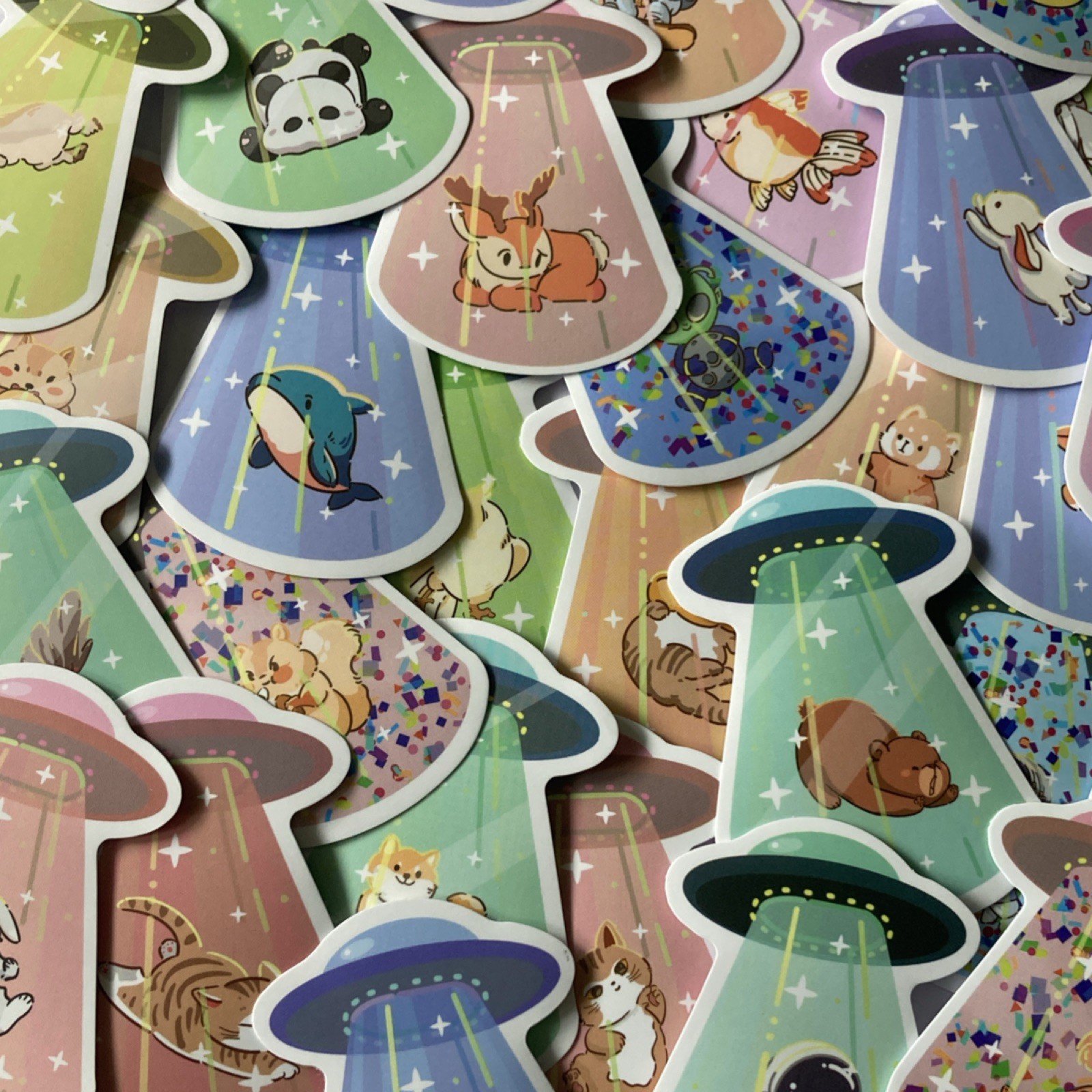 10 Multicolor Vinyl Stickers Set, Cartoon UFO Animals, Cat Dog Panda, Smooth