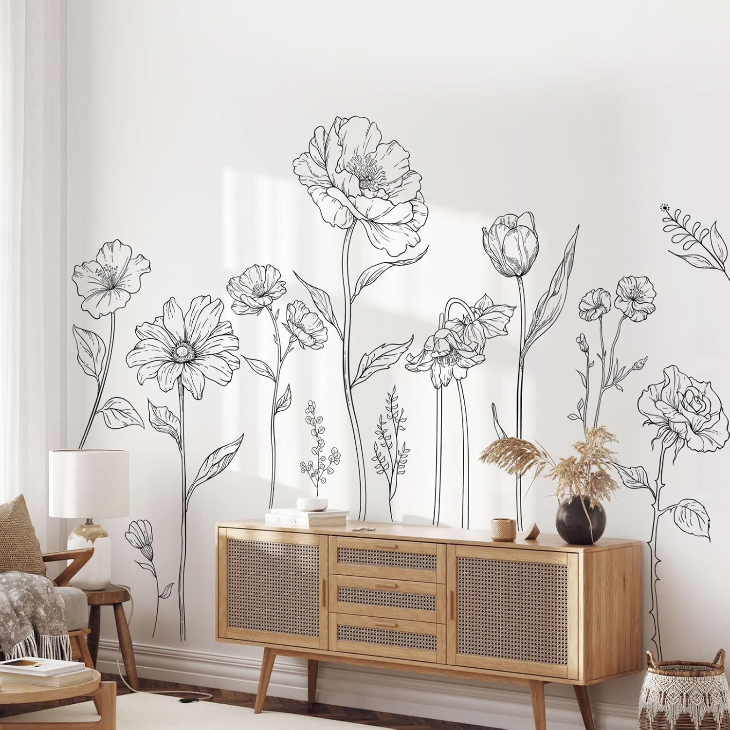 Large Black Boho Flower Wall Decals, 3 Sheets Simple Sketch Floral Wall