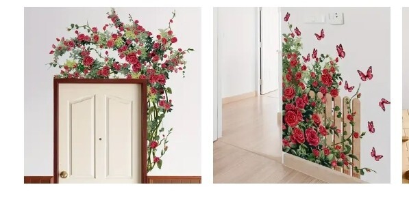 Bohemian Roses Butterflies PVC Removable Wall Stickers over door & corner decor