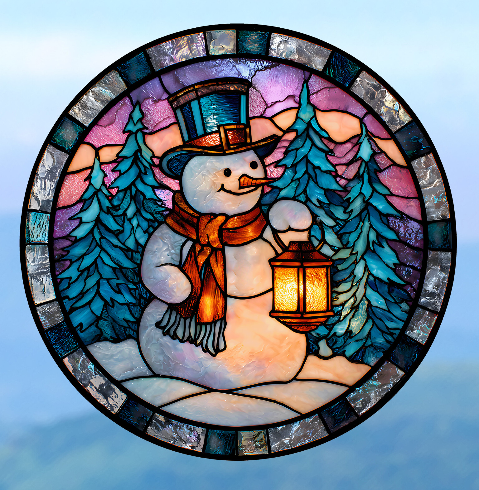 Snowman Faux Stained-Glass WINDOW CLING Sun-catcher Size 8″ Round Vinyl