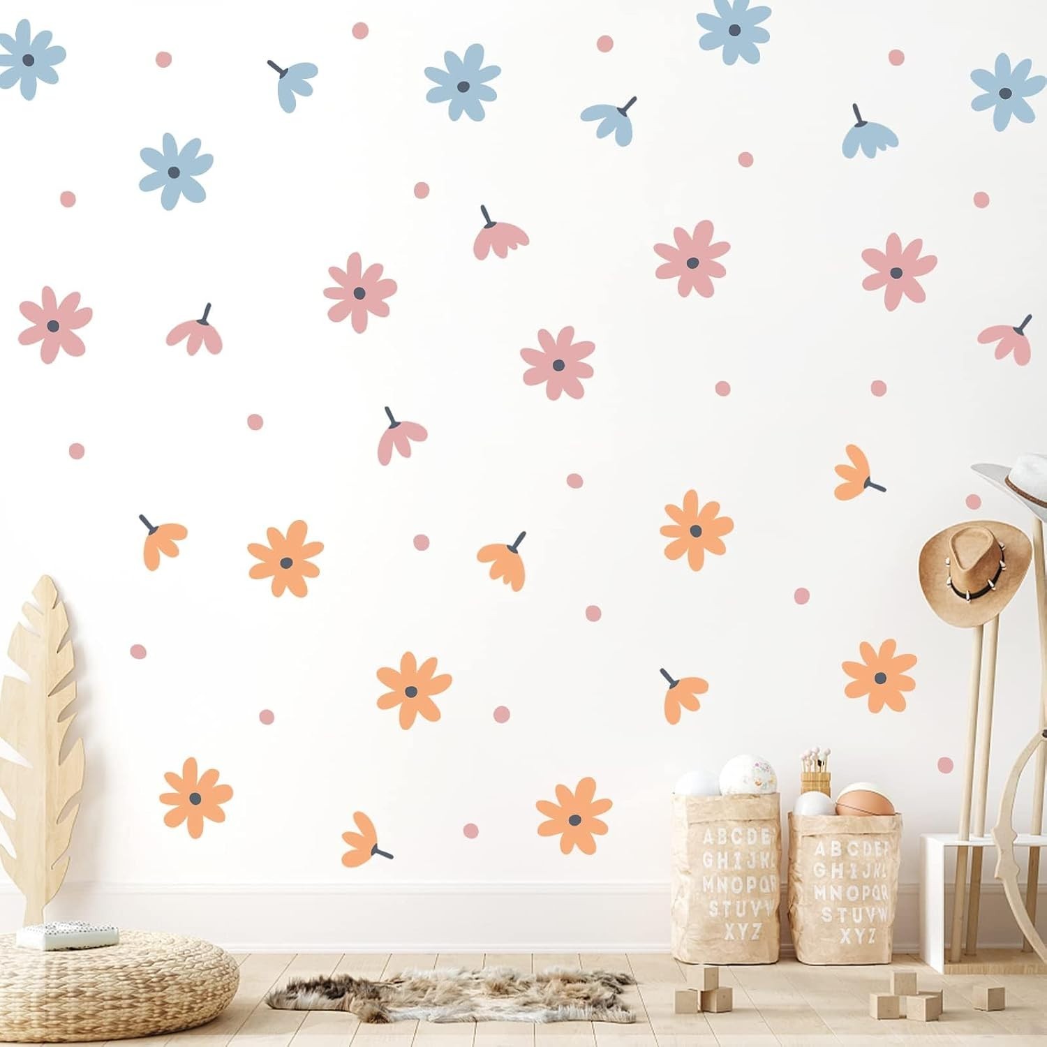 Waterproof Floral Wall Decals – Retro Daisy Decor for Kids’ Rooms, 44 Stickers