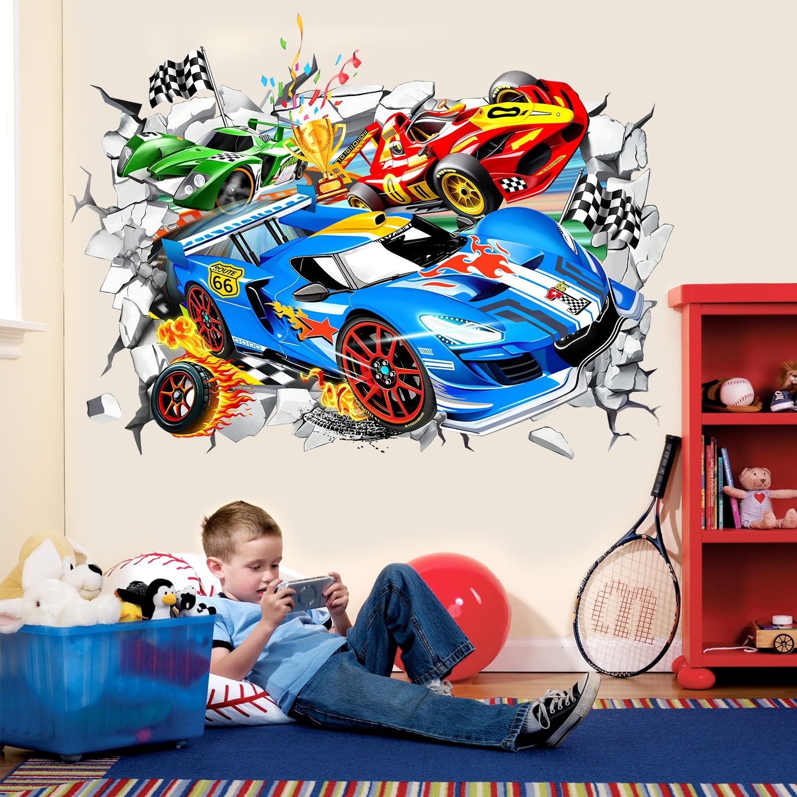 Large 3D Racing Car Wall Stickers Vehicles Break Through Peel and Stick Wall …