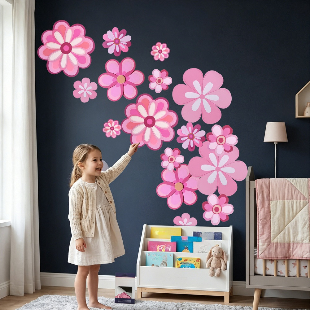 Floral Pink Wall Decals Set 16 Removable Vinyl Stickers for Room Decor