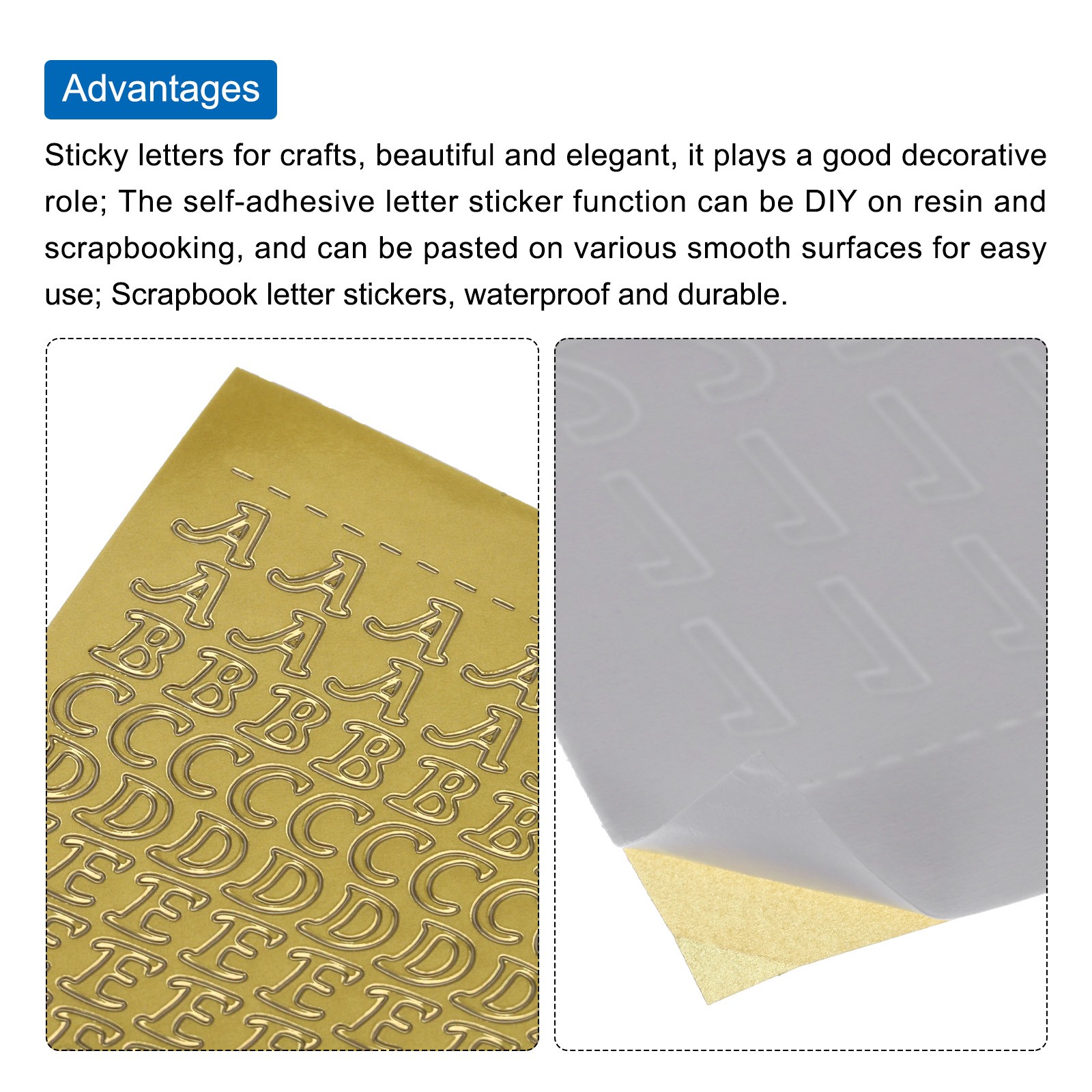 8 Sheets Alphabet Letter Sticker Gold Upper Lower a to Z Self Adhesive