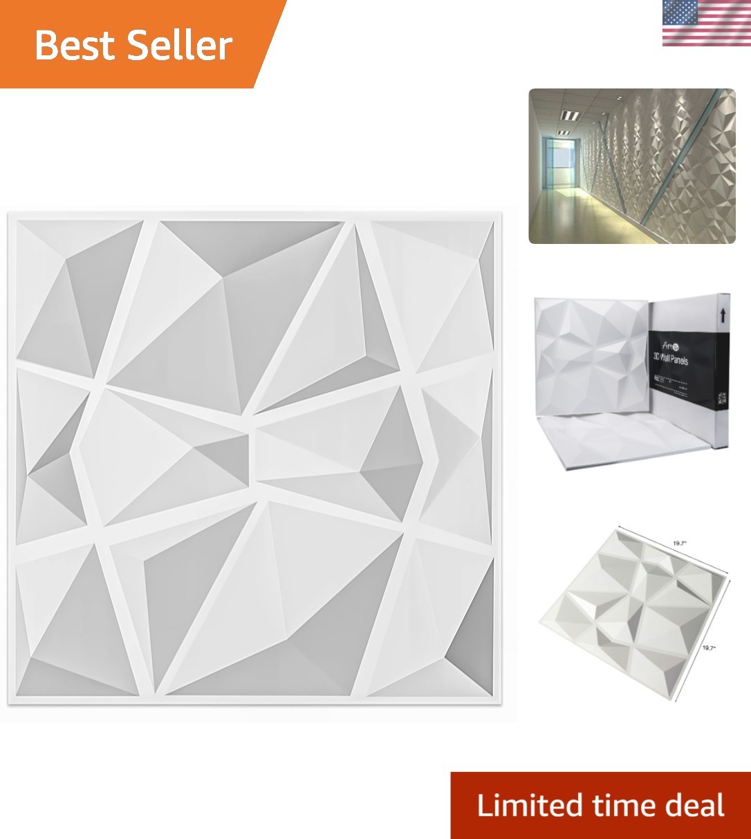 Pack of 12 Elegant 3D Pyramid PVC Wall Panels in Snow White – 19.7″x19.7″