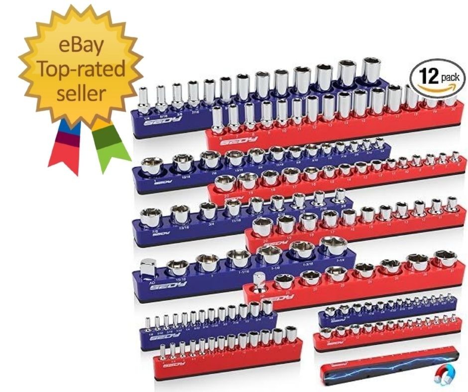 12-Piece 1/4″ 3/8″ 1/2″-Drive SAE & Metric Magnetic Socket Organizer Set Hold…