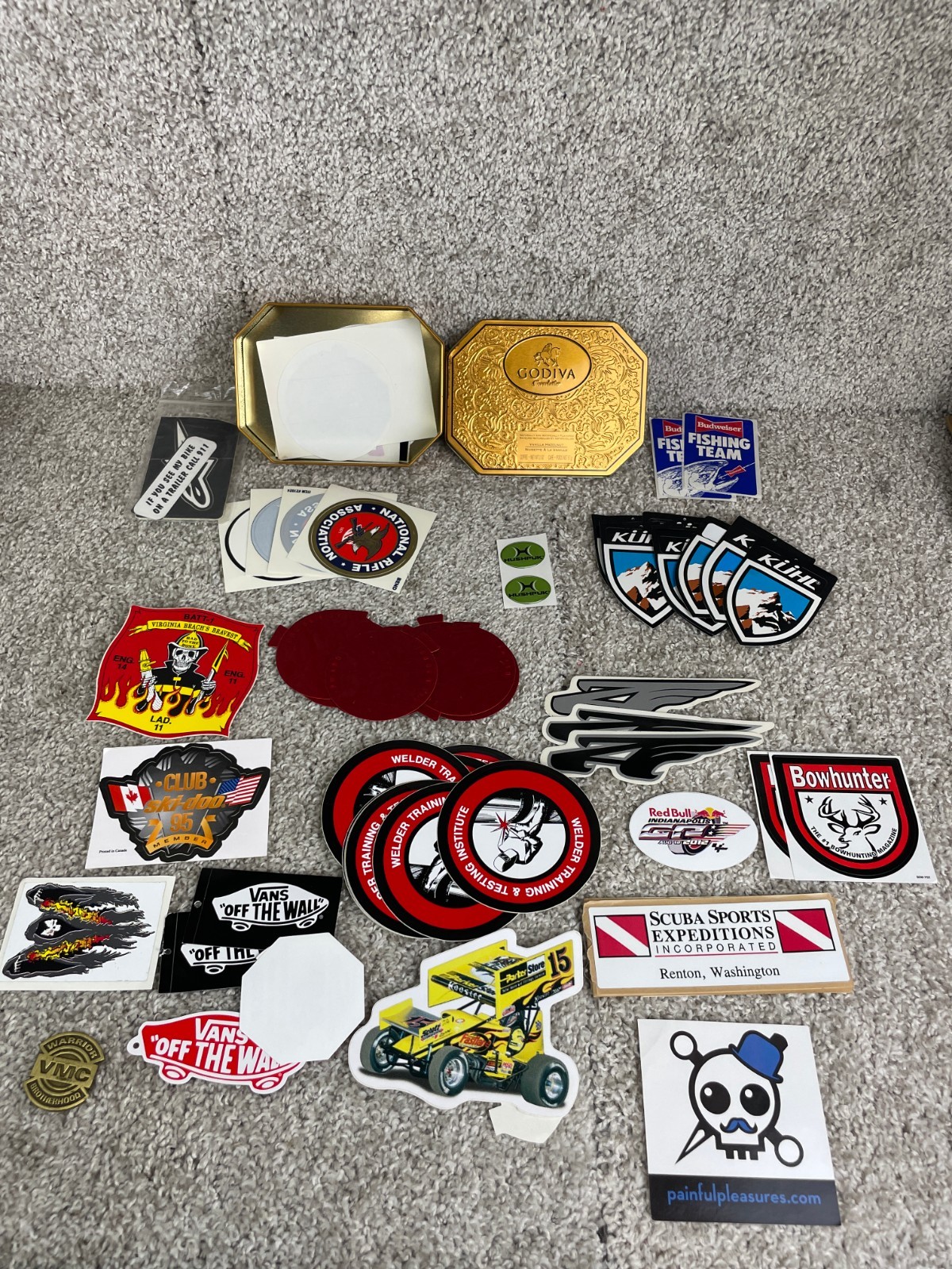 Lot of Assorted Decals Stickers Various Logos Graphics with Godiva Tin Box