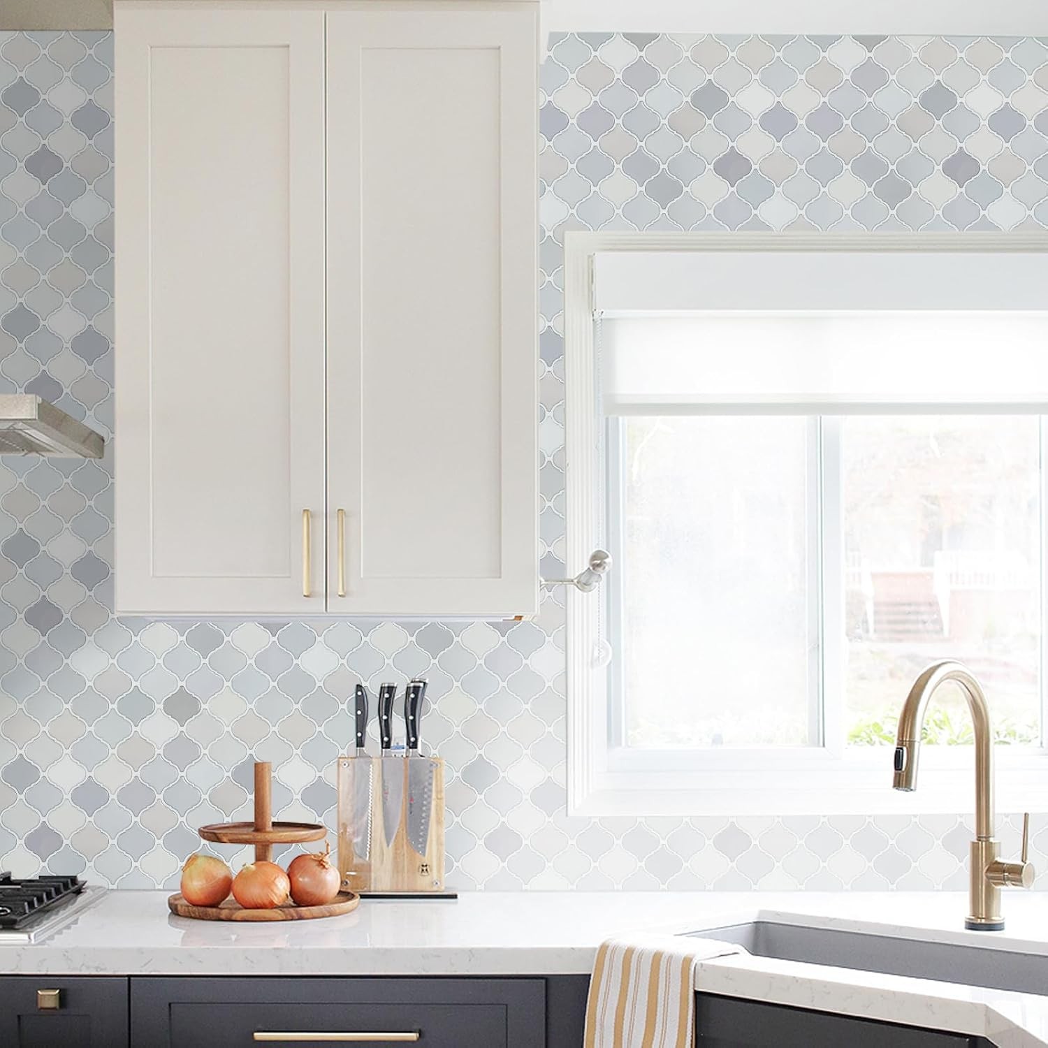 Arabesque Peel Stick Backsplash 12×12′ Self AdhesiveWall Tile Thicker Light Tone