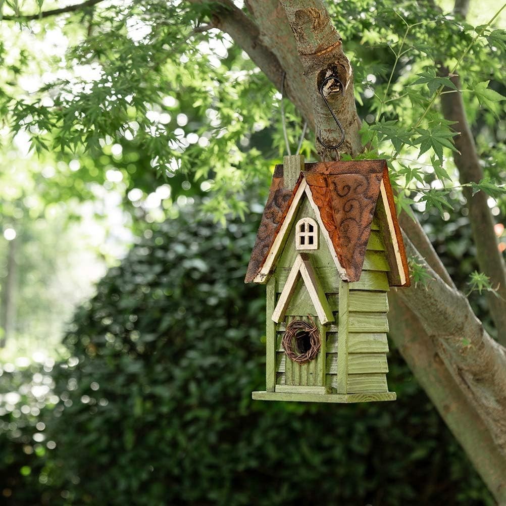 12″ H Green Hanging Distressed Solid Wood Garden Bird House Decorative Birdhouse
