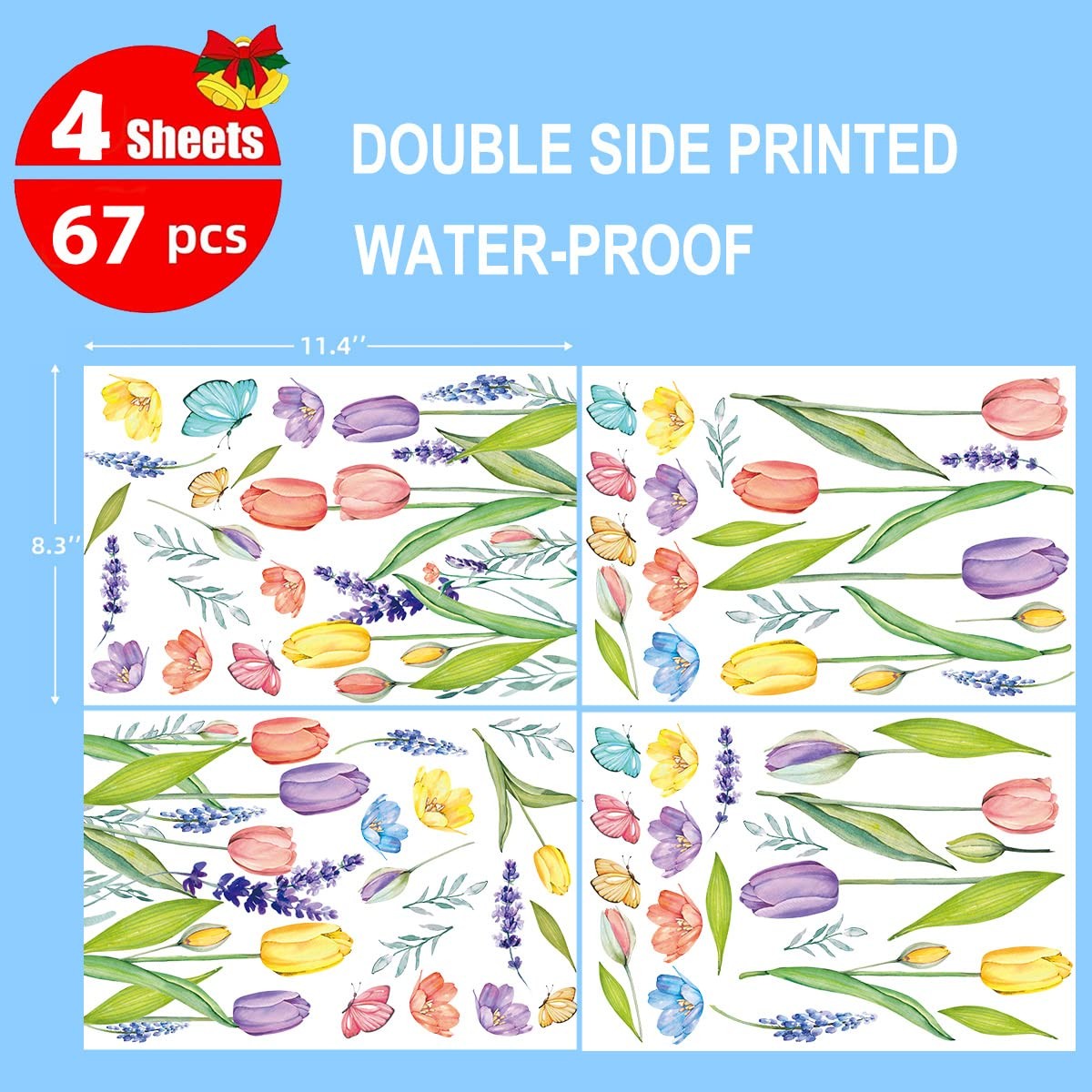 67 PCS Spring Summer Window Cling Stickers Tulip Butterfly Flower Decals Set