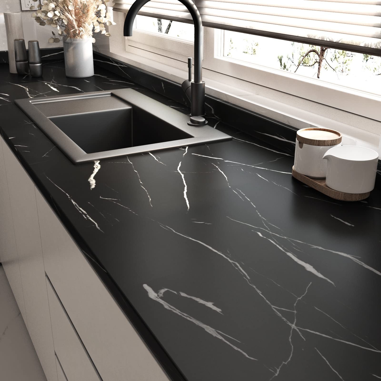 Wallercity Thick Matte Black Marble Contact Paper Granite Peel and Stick Wall…