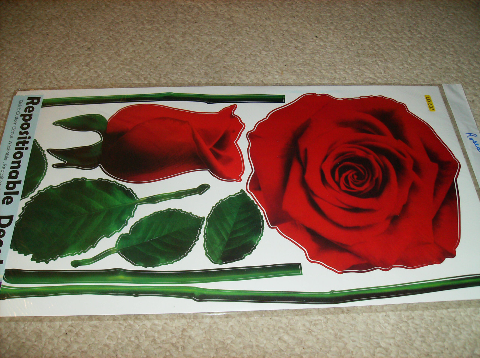 RED ROSE WALL DECAL REMOVABLE 24″ x 13″ WASHABLE CAN REPOSITION new SEE PICS