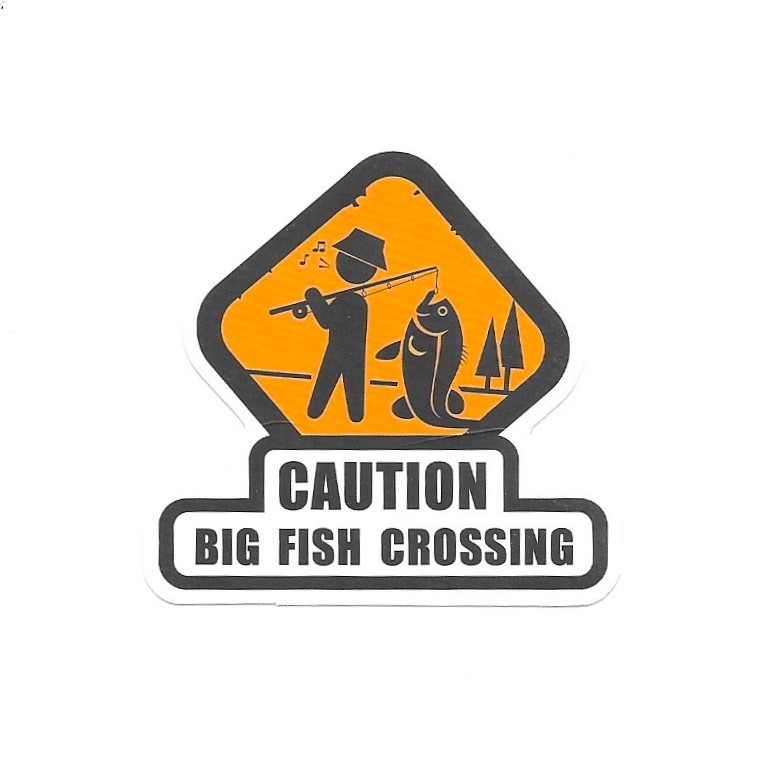 Caution Big Fish Crossing Vinyl Sticker Funny Fishing Warning Sign Laptop Mug
