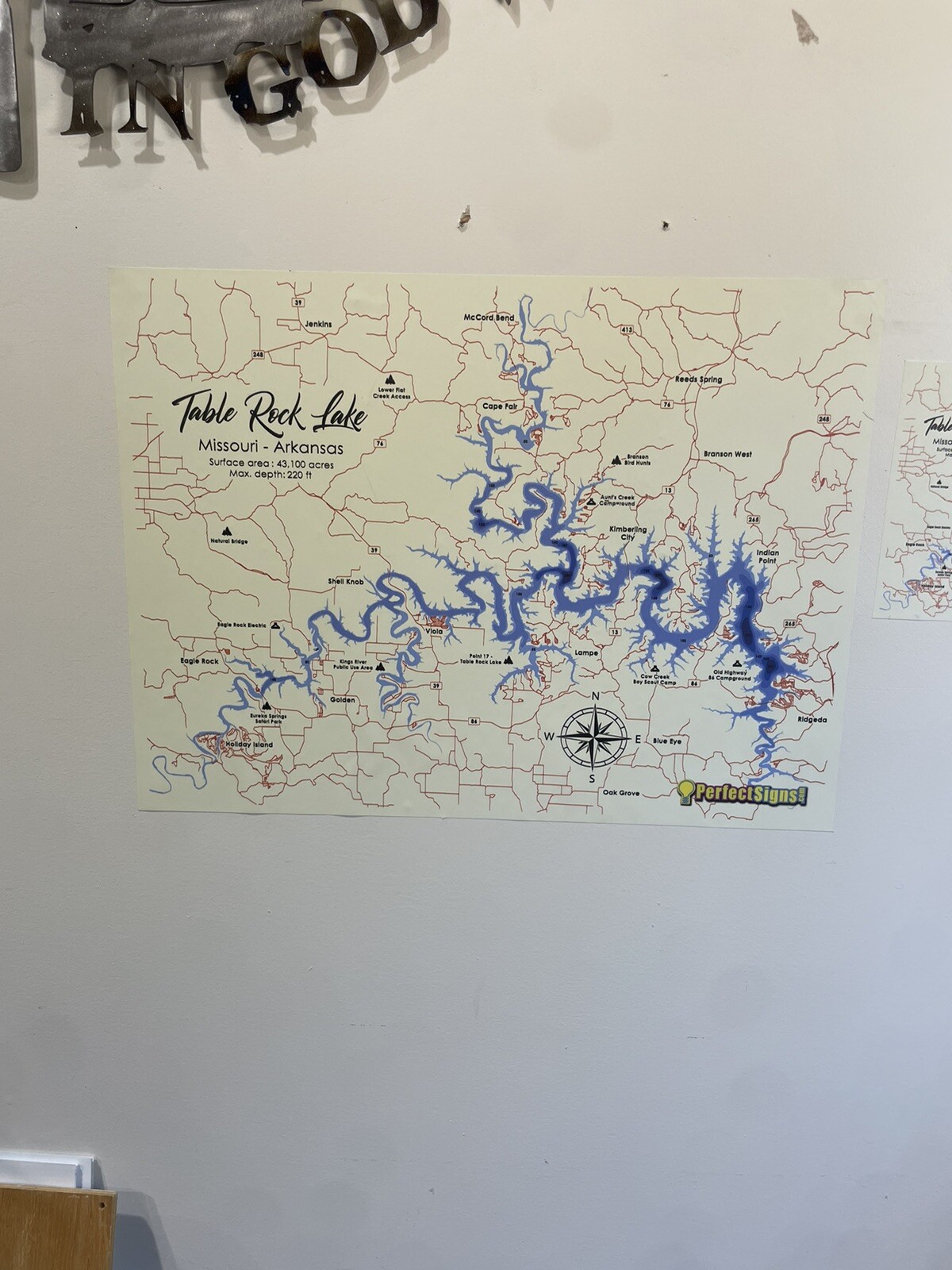 Table Rock Lake Map High Quality Canvas Self-Adhesive Print Easy to Apply