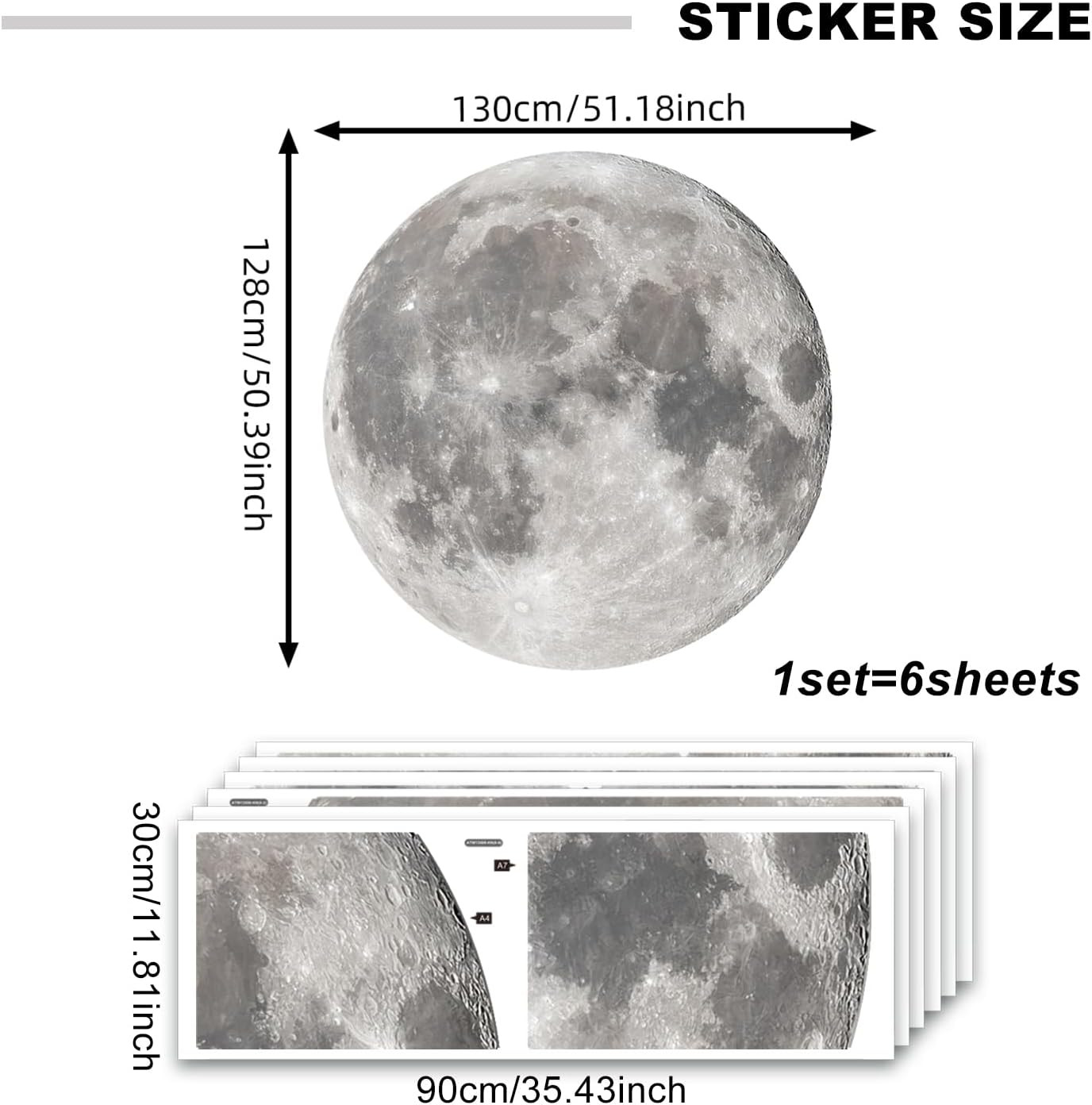 6 Sheets Large Moon Wall Stickers Full Moon Decor Wall Decals Peel and Stick Wal
