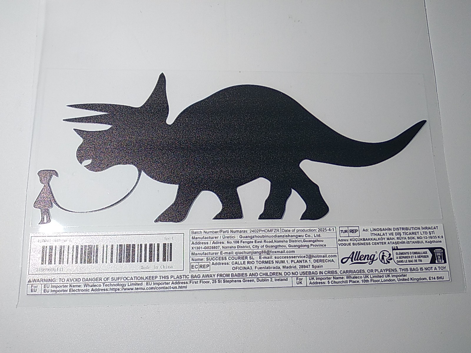 Little Girl Walking Pet Triceratop- Decal Sticker Black 8 inch length
