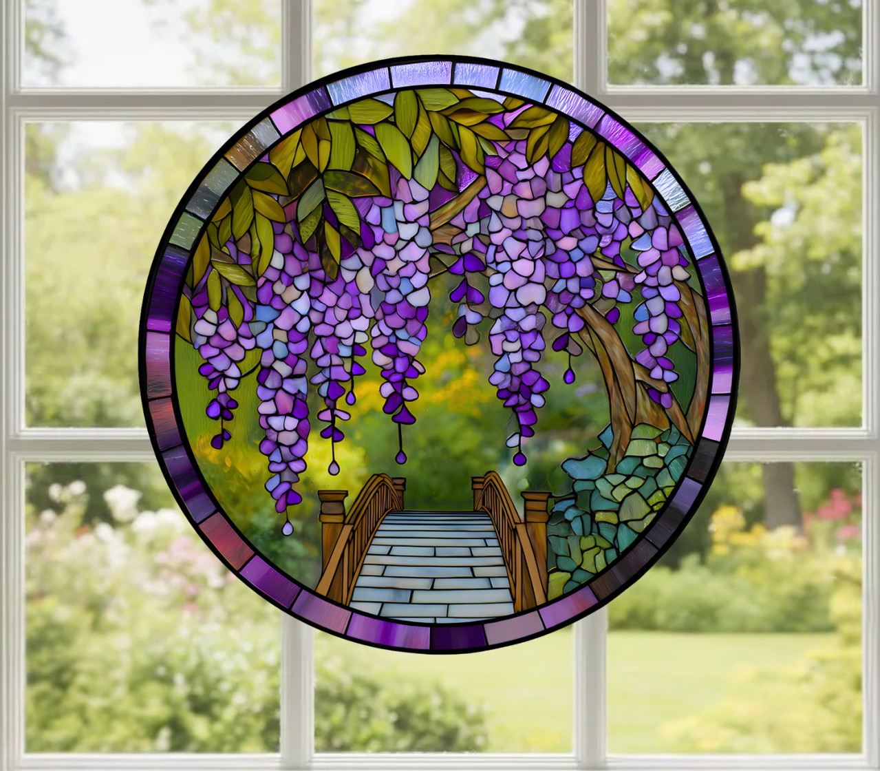 Wisteria Flowers Faux Stained-Glass WINDOW CLING Size 8″ Round Vinyl