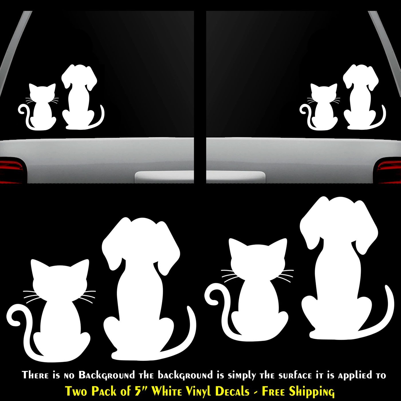 Cat & Dog Love Two 5″ White Vinyl Decals Car Truck Windows Bumper Door