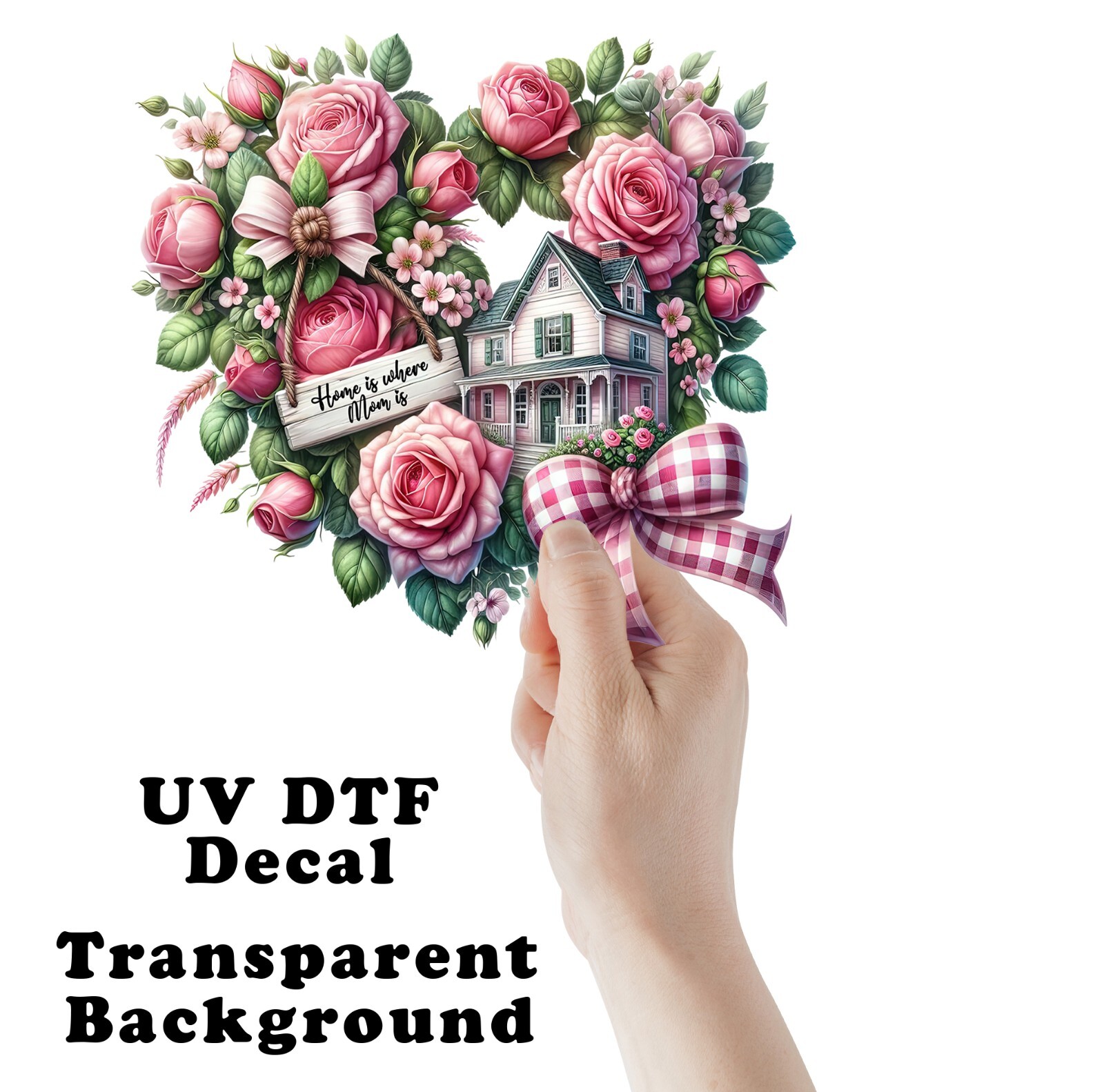 Home is Where Mom is Pink Roses UV DTF Transparent Sticker / Decal