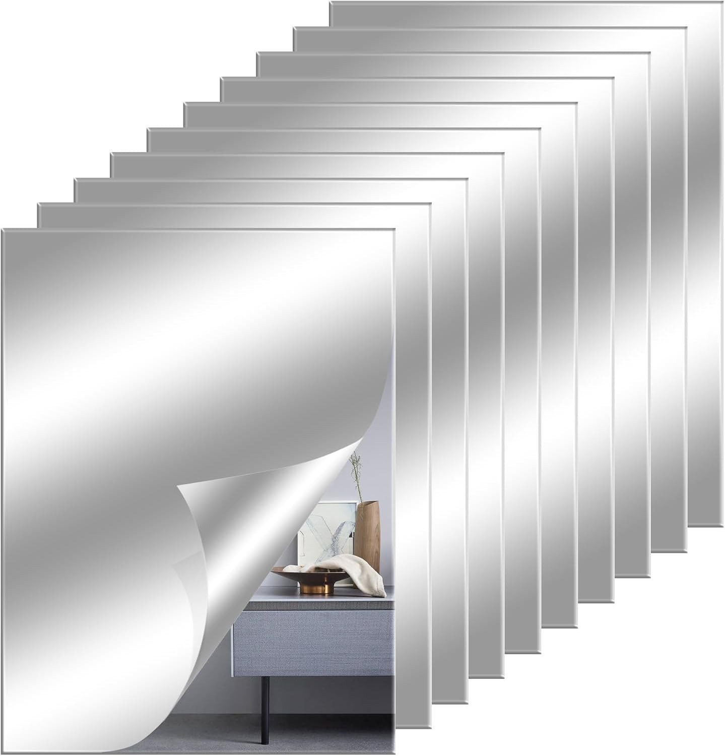 12″ x 12″ Acrylic Flexible Mirror Sheets 12 Pack Self-Adhesive Mirror Tiles